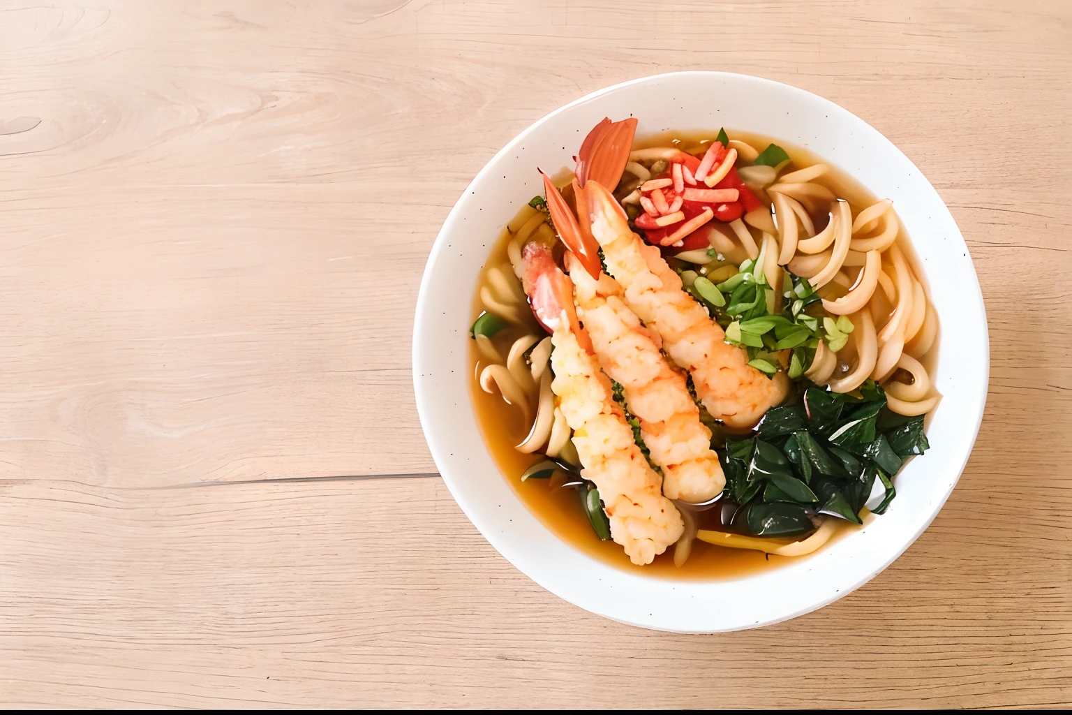 araffy bowl of noodles with shrimp and greens on a wooden table, aokamei, ramen, inspired by Shunbaisai Hokuei, japanese, yummy, japanese fusion cuisine, kaigetsudo ando, high quality food photography, inspired by Kanō Eitoku, bowl filled with food, eating ramen