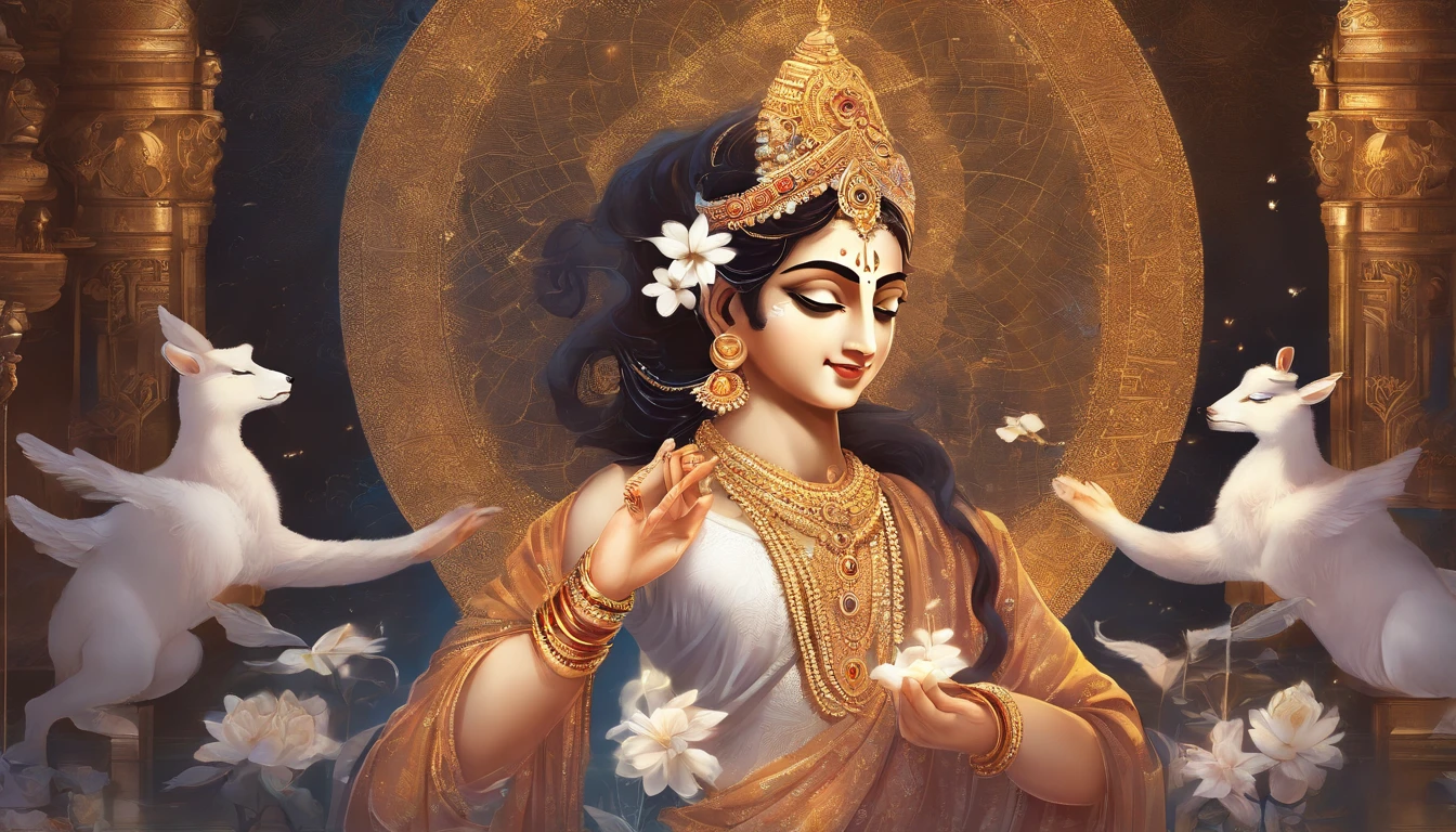 An artistic depiction of Lord Krishna playing his flute, surrounded by books, pens, and a chalkboard with mathematical equations in the background."An intimate, highly detailed portrait of Lord Krishna enveloped in an aura of divine charm. He has luminous sapphire blue skin and lotus-petal eyes that radiate kindness and wisdom. Adorn him in resplendent gold silk robes and garlands of fresh white jasmine flowers, their sweet fragrance intoxicating the senses. Soft lighting delicately traces each contour of his beatific smile and the elegant arch of his eyebrows. The image emanates Krishna's playful yet wise spirit, reminding all who gaze of his eternal truths. Beside him stands his beloved brown cow, a subtle golden hue highlighting her loyalty and purity. Krishna tenderly rests his hand on her head in divine blessing. Every element directs focus to Krishna's inner light, conveying supreme enlightenment and compassion through his gentle, knowing eyes.