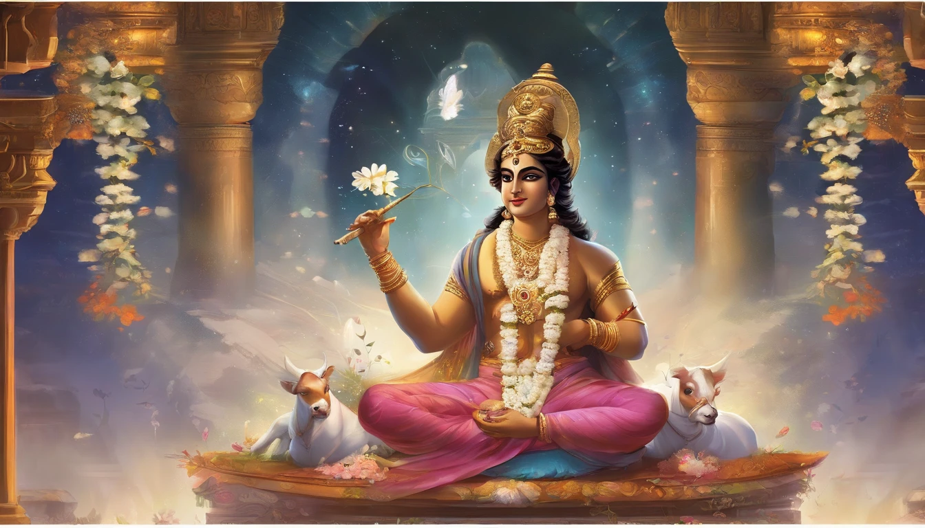 An artistic depiction of Lord Krishna playing his flute, surrounded by books, pens, and a chalkboard with mathematical equations in the background."An intimate, highly detailed portrait of Lord Krishna enveloped in an aura of divine charm. He has luminous sapphire blue skin and lotus-petal eyes that radiate kindness and wisdom. Adorn him in resplendent gold silk robes and garlands of fresh white jasmine flowers, their sweet fragrance intoxicating the senses. Soft lighting delicately traces each contour of his beatific smile and the elegant arch of his eyebrows. The image emanates Krishna's playful yet wise spirit, reminding all who gaze of his eternal truths. Beside him stands his beloved brown cow, a subtle golden hue highlighting her loyalty and purity. Krishna tenderly rests his hand on her head in divine blessing. Every element directs focus to Krishna's inner light, conveying supreme enlightenment and compassion through his gentle, knowing eyes.