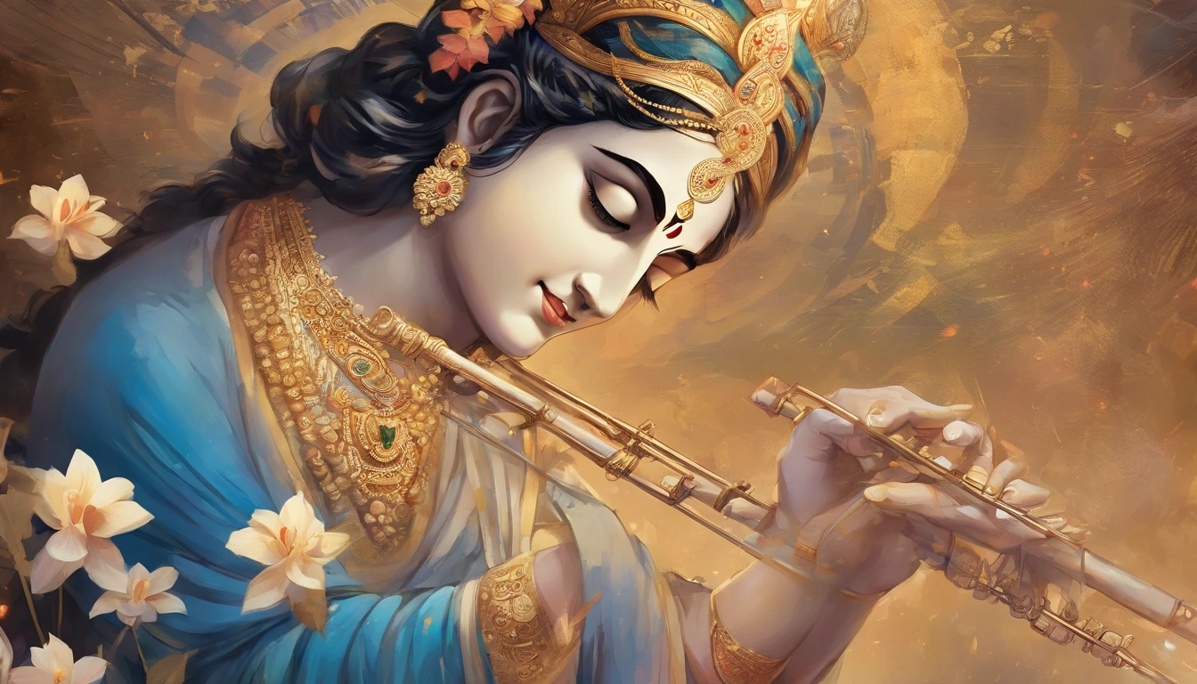 An artistic depiction of Lord Krishna playing his flute, surrounded by books, pens, and a chalkboard with mathematical equations in the background."An intimate, highly detailed portrait of Lord Krishna enveloped in an aura of divine charm. He has luminous sapphire blue skin and lotus-petal eyes that radiate kindness and wisdom. Adorn him in resplendent gold silk robes and garlands of fresh white jasmine flowers, their sweet fragrance intoxicating the senses. Soft lighting delicately traces each contour of his beatific smile and the elegant arch of his eyebrows. The image emanates Krishna's playful yet wise spirit, reminding all who gaze of his eternal truths. Beside him stands his beloved brown cow, a subtle golden hue highlighting her loyalty and purity. Krishna tenderly rests his hand on her head in divine blessing. Every element directs focus to Krishna's inner light, conveying supreme enlightenment and compassion through his gentle, knowing eyes.