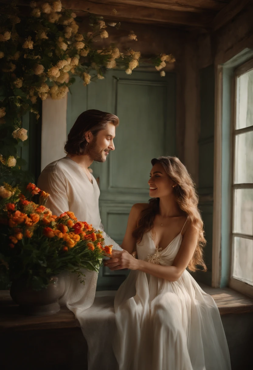 A handsome man stands from below to give flowers to a long-haired beauty sitting on the windowsill, Long flowing silk texture dress fabric, A clear and happy face, Details, ultra real photo, 8kUHD DSLR camera, sunlitgarden, High quality, Cinematic texture, Beautiful