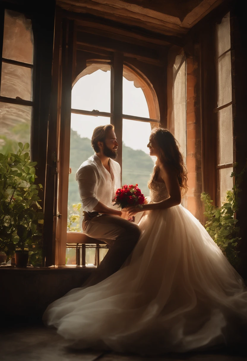 A handsome man stands from below to give flowers to a long-haired beauty sitting on the windowsill, Long flowing silk texture dress fabric, A clear and happy face, Details, ultra real photo, 8kUHD DSLR camera, sunlitgarden, High quality, Cinematic texture, Beautiful
