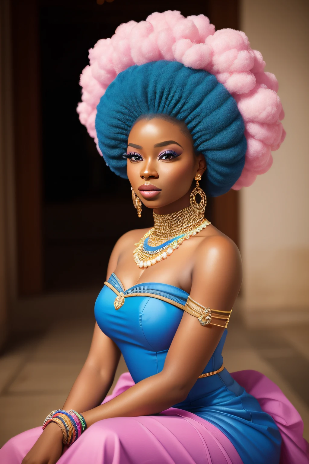 there is a woman with a blue dress holding a vase, stunning african princess, in style of nadine ijewere, traditional beauty, inspired by Chinwe Chukwuogo-Roy, edited, high quality portrait photoshoot, modeling photography, a beautiful young woman, african woman, african princess, a beautiful woman, high - end fashion photoshoot, photoshoot for skincare brand, Cotton candy afro and sprinkles around her lips
