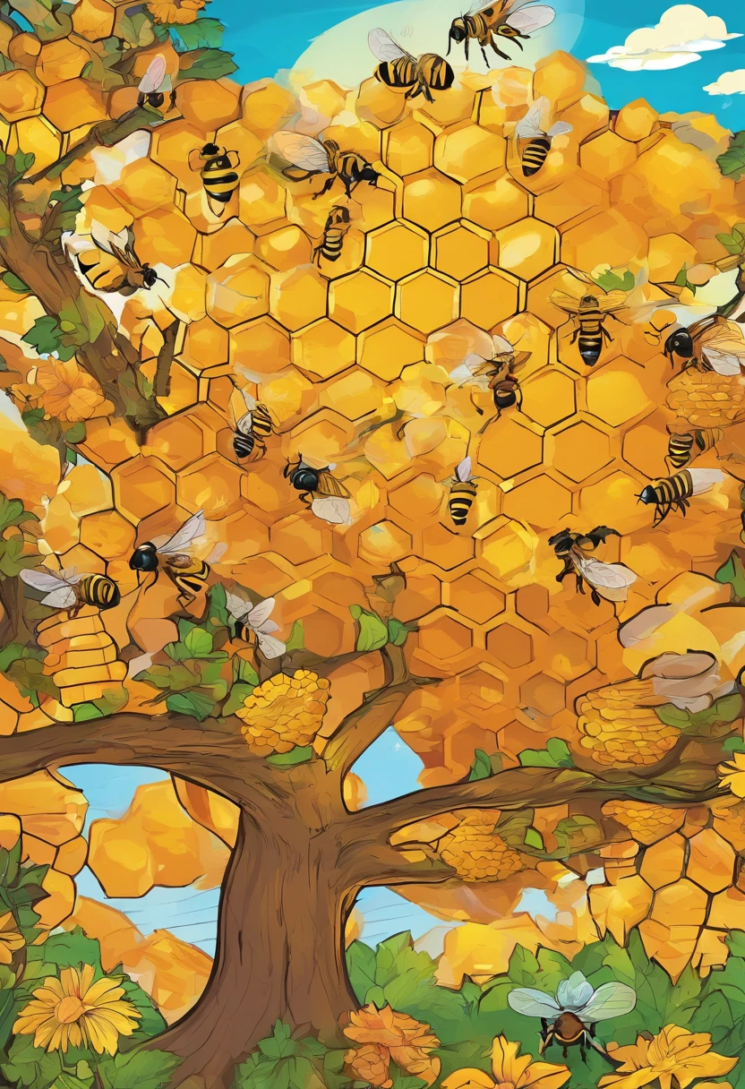 A honeycomb on tree , honeybees around the honeycomb and trees , flowers, birds , 2d Vector Art , vector art