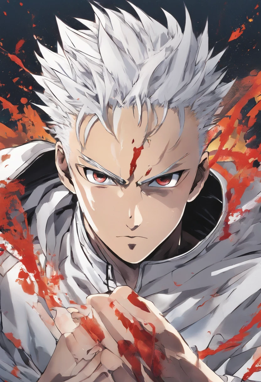 Masterpiece,1BOY, Solo, simple background, looking at viewer, light smile, shirtless, bandage, white baggy pants, troublemaker, Garou, one punch man source, exposed abs, dangerous yellow eyes, spiky upwards white hair, strong, muscular, dripping sweat, blood stained, Hero Hunter, delinquent