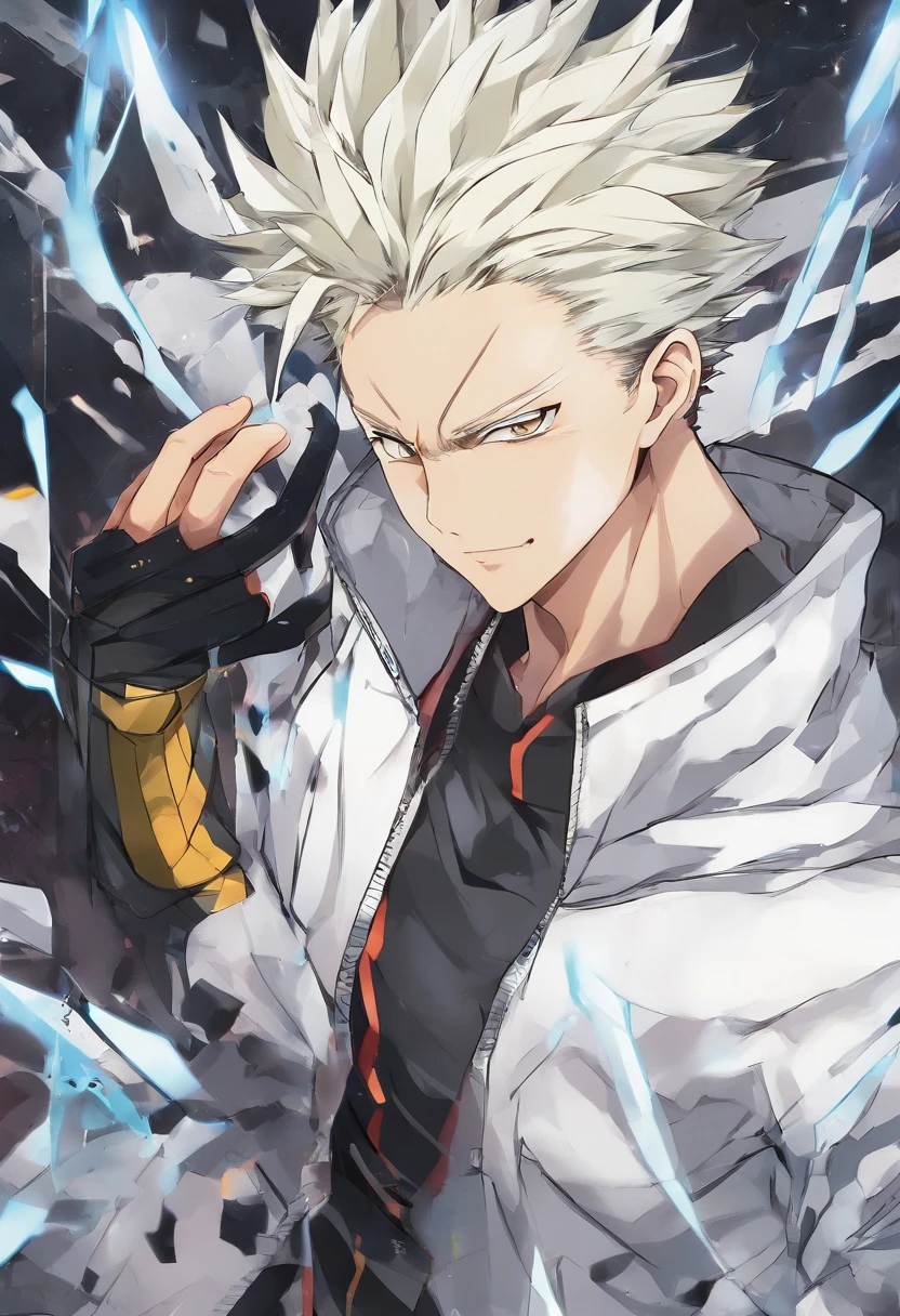 Masterpiece,1BOY, Solo, simple background, looking at viewer, light smile, shirtless, bandage, white baggy pants, troublemaker, Garou, one punch man source, exposed abs, dangerous yellow eyes, spiky upwards white hair, strong, muscular, dripping sweat, blood stained, Hero Hunter, delinquent