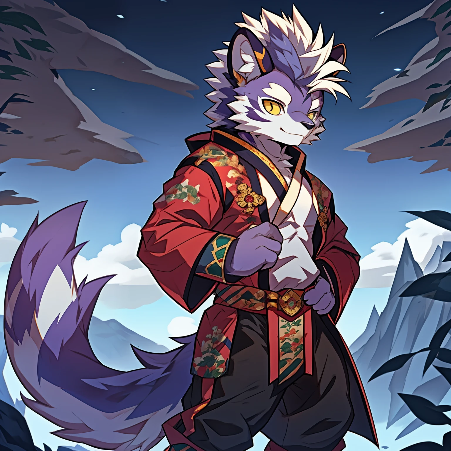 Best quality, Young, 15 year old, Furry, Solo, Male Tiger: 1.5, Purple colored skin:1.3, Purple fur:1.3, Yellow eyes, Muscular body, Wearing White Chinese robe, Standing in the jade mountain, Mohawk hair, Detailed fur, Detailed cloths, Furry animal ears, Humanoid hand, Wearing Chinese style pants.