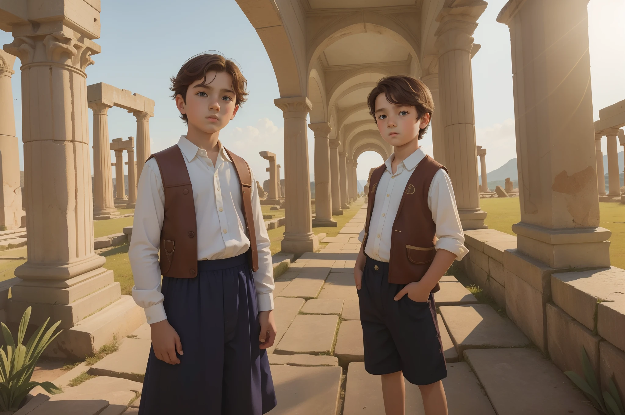 In the Pre-Raphaelite tradition, portray a 11-year-old boy with a sense of wonder and curiosity, dressed in modern, casual attire, as he explores the sunlit, ancient ruins of a long-forgotten civilization during a family archaeological adventure vacation. Modern 2023 clothing.