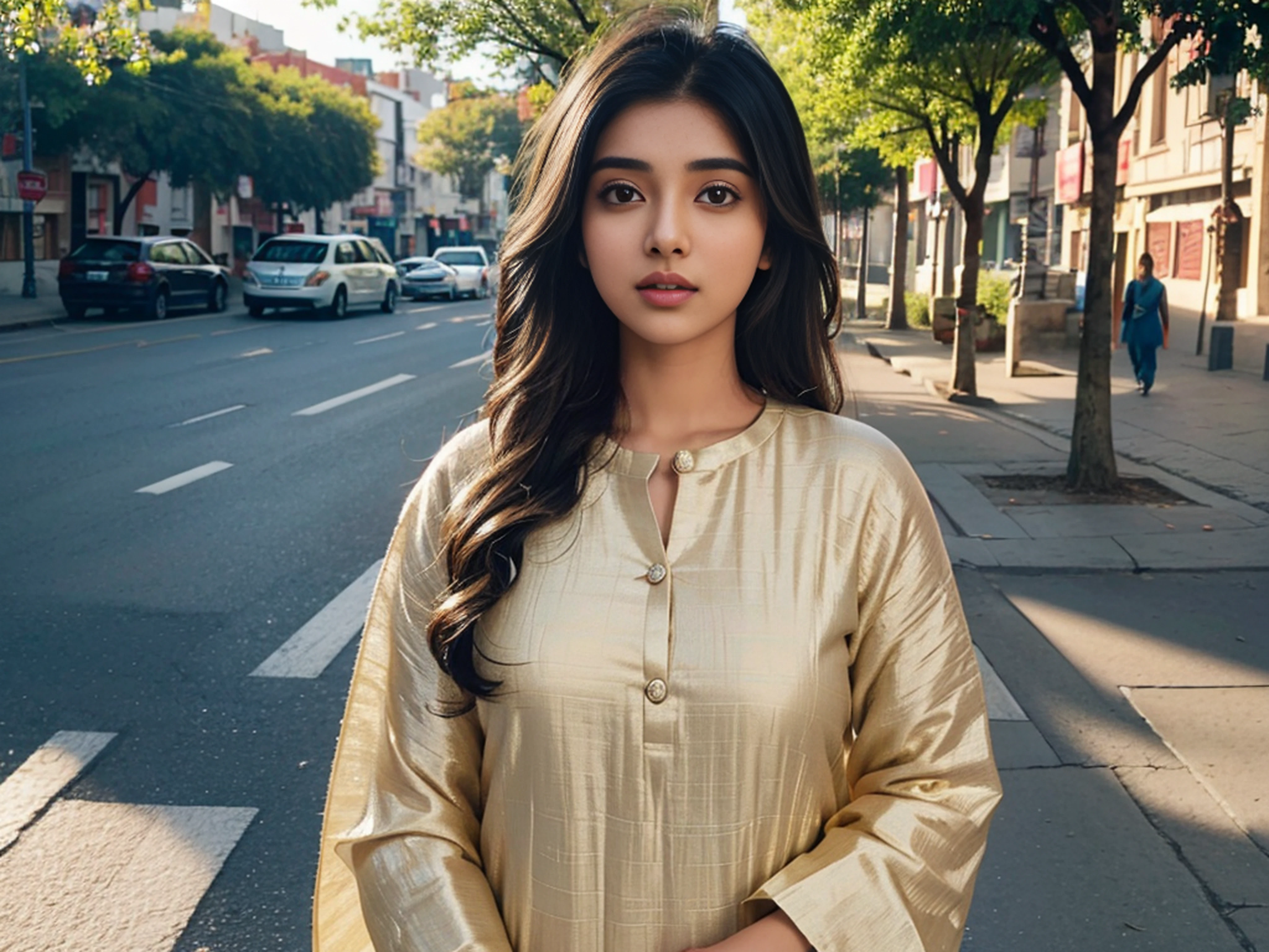 (((desi Indian girl))), chubby face, natural skin, charming black hair, ((hair ends are blonde)), city streets background bokeh, (((ultrarealistic, highly detailed, 8k))), Daylight good morning, wearing cotton salwar suit