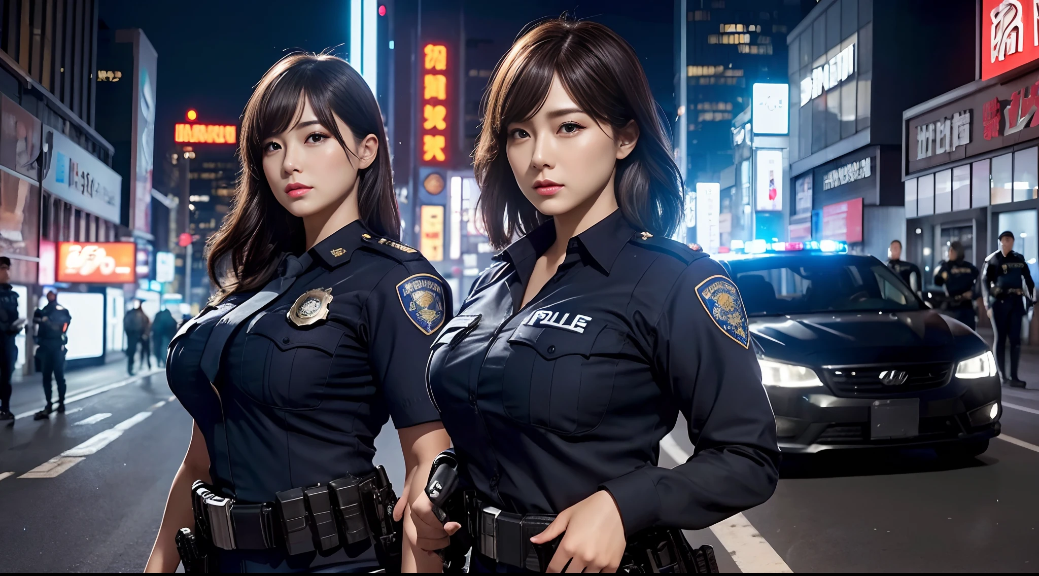 best quality, 8k, highres , masterpiece:1.2, photo-realistic:1.37, super realistic details ,Anatomically correct , Realistic proportions ,extremely detailed face ,chubby girl ,curvy:1.2, looking at viewer ,Just two female police officers:1.2 ,Japanese female police officers, Armed with the latest firearms:1.4 , Police Uniforms:1.4 ,short skirt ,confident expression ,Various stylish hairstyles ,huge breasts,(button gap:1.4),police badge:1.3 ,pantyhose , provocative sensual poses, cyberpunk city ,Future Metropolis ,In Narrow alleys of Manhattan, night scene ,No people in the background , vibrant colors, serious demeanor, modern equipment, feminine yet authoritative, attention to facial features and makeup