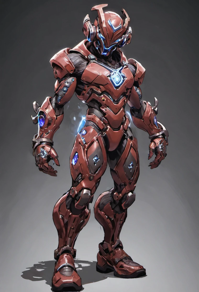 wearing a mechanical suit, mechanical marvel, Cyberpunk, cybernetic guardian, armadura futurista, corpo inteiro, Pose frontal, simetria, intrincado (steel metal [descansar]), Joints, estilo warframe, ciborgue, corpo masculino e armadura, chain saw man