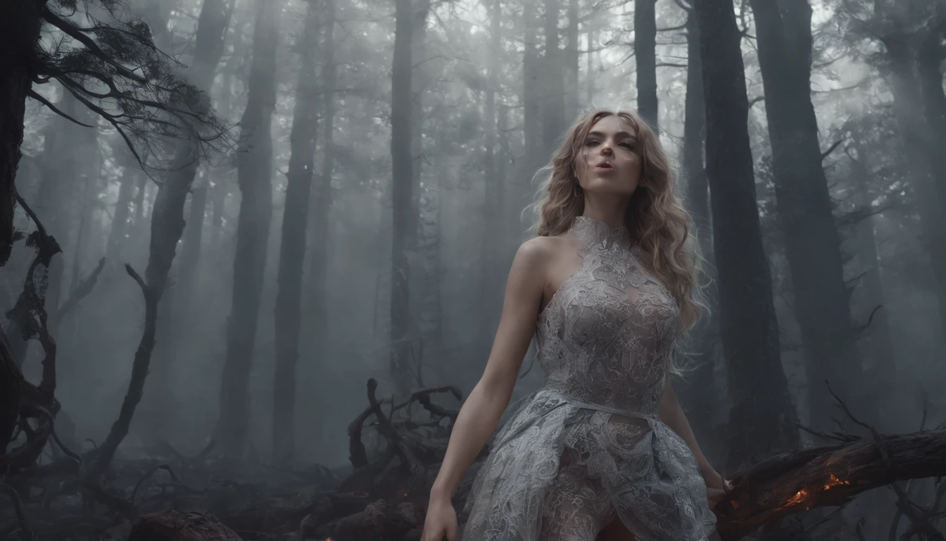 beautiful woman fashion model wearing provocative sexy beautiful detailed fashion design clothes, looking at the sky, inside a dark forest, with burned trees all over hair, and volumetric light coming from behind, hyper-realistic, 8K, perfect face and body, gloomy scary atmosphere, fog in the ground, dark style