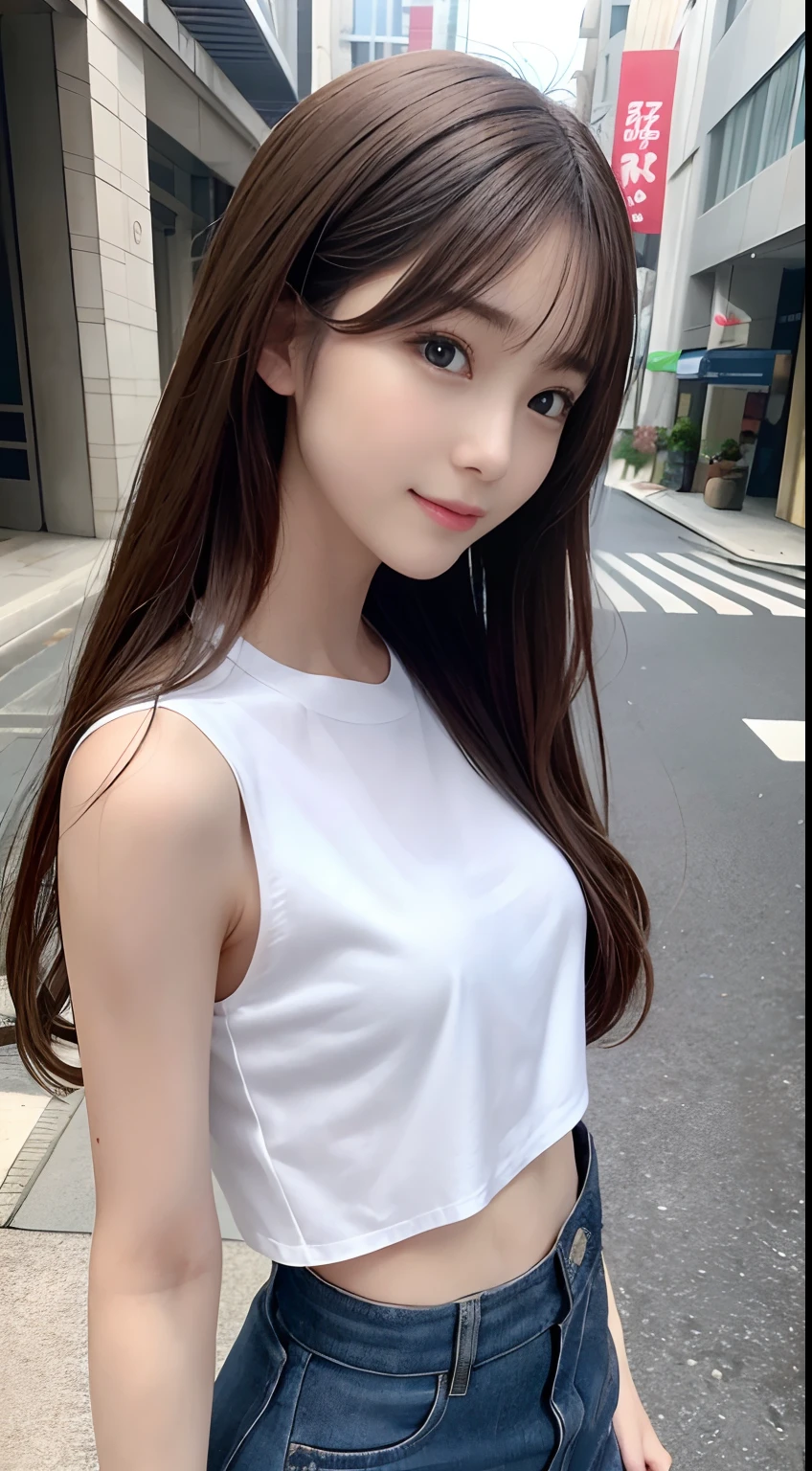 top-quality、超A high resolution、(Photorealsitic:1.4)、Beautuful Women、韓国アイドル、21yo、long whitr hair、Light brown hair、Clean wavy hairstyle、small tits、Very small breasts、Realistic eyes, Elongated narrow eyes、Beautiful eyes、A smile、croptop、vests、Wear a transparent shirt、A miniskirt、In the street、Slender、slenderness、Slim body lines、from the side angle shot