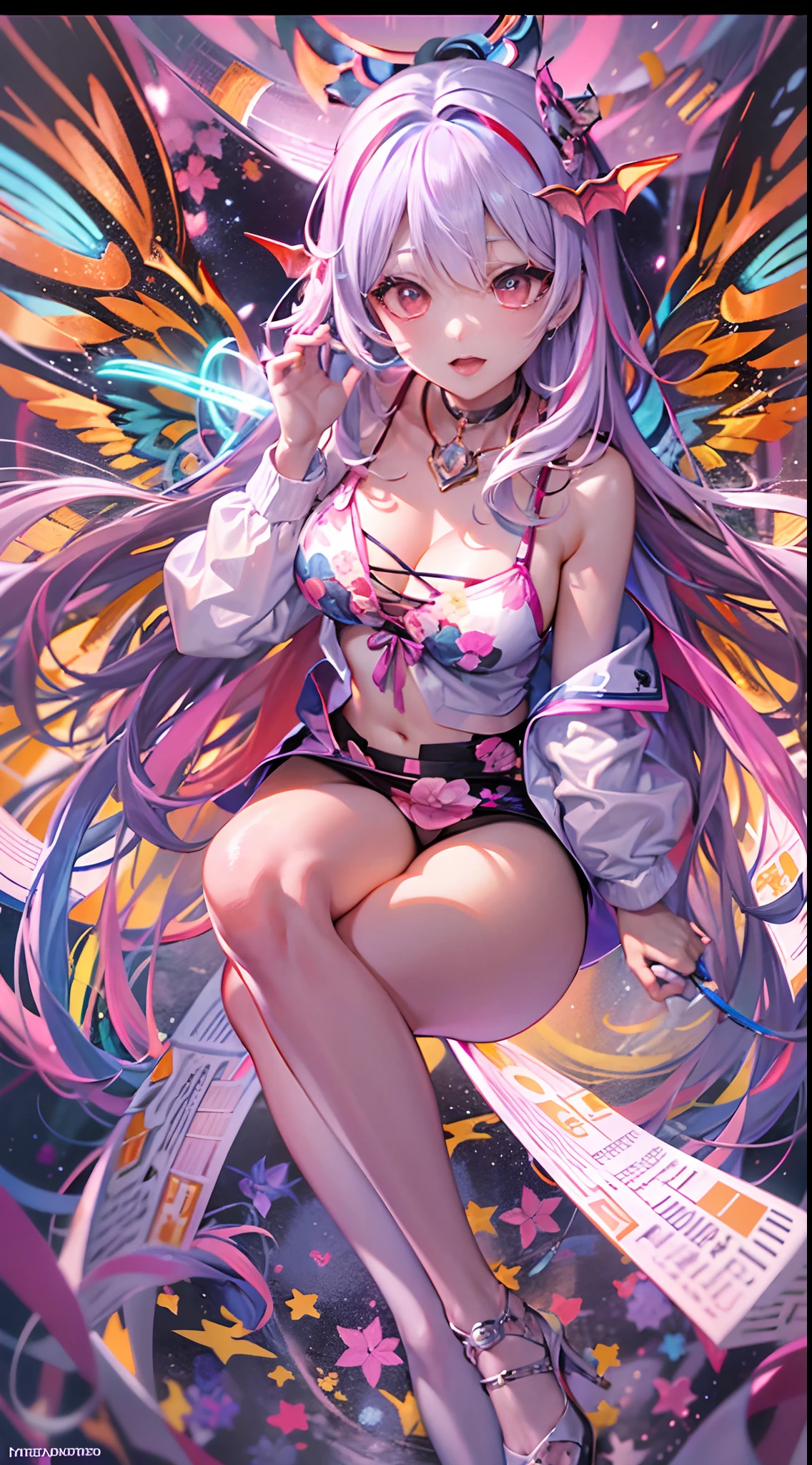 ((masutepiece)), Best Quality, absurderes, ultra-detailliert, Holographic, A captivating succubus with twin wings, rendered in a surreal, abstract style, illuminated by a kaleidoscope of colors.Cowboy Shot, Super cute girl, Mature girl, Super beautiful asian girl with very beautiful purple glowing eyes, Beautiful shining white multicolored hair, Nice and sexy body, Slim body, Perfect body, Wearing super tight anime print boxers, Super tight shirt with anime print, Super aesthetic pink jacket, Staring into a glowing mirror,