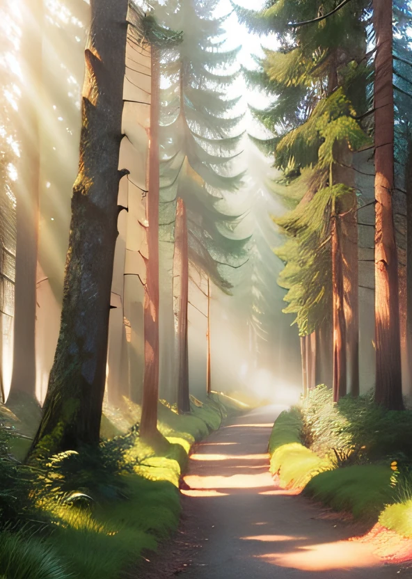 Peaceful path,Fog,rays of sunshine,ln the forest