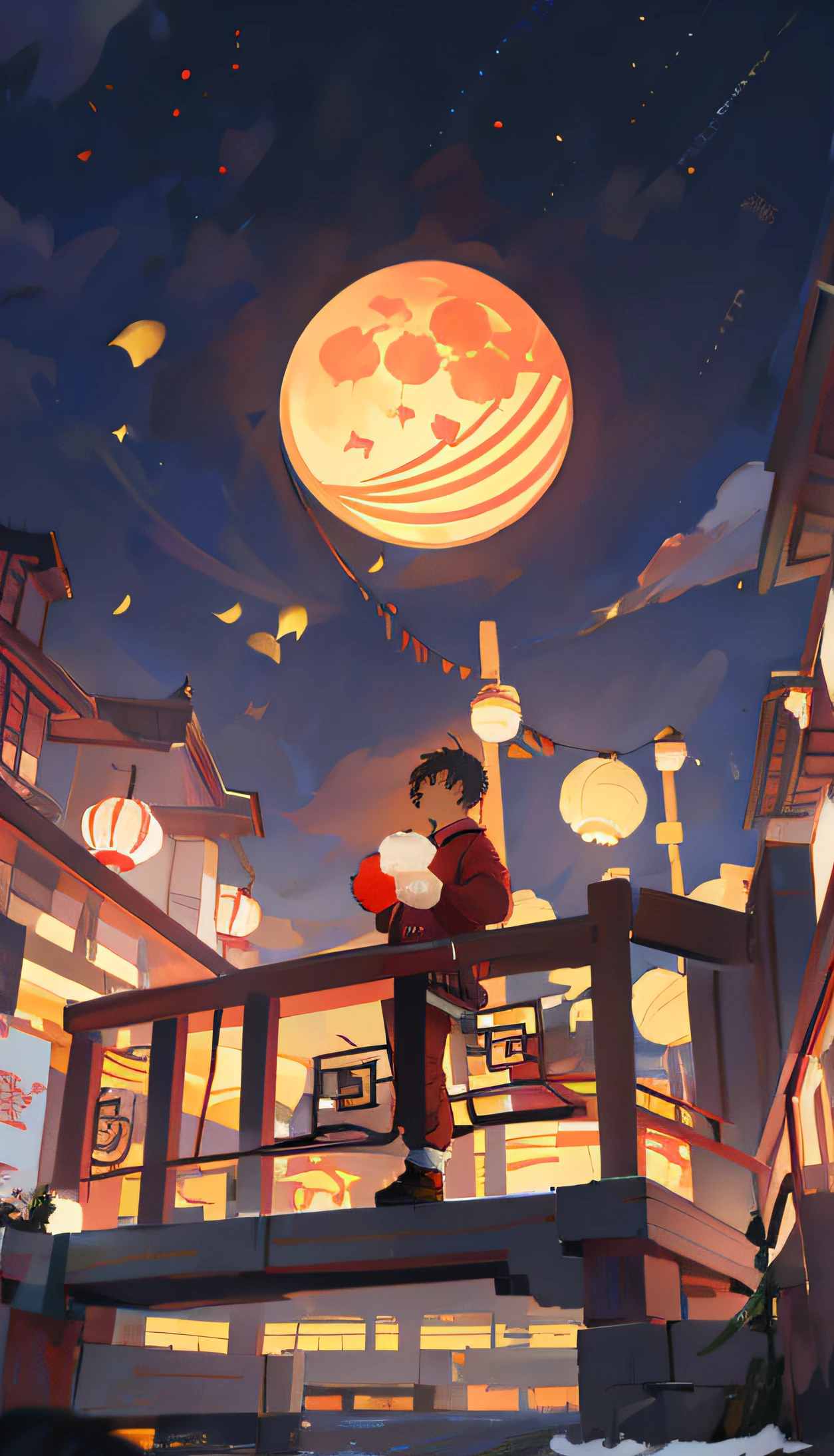 the night,Mid-Autumn Festival,There is a full moon in the sky,Kong Ming lanterns floated in the sky,A boy wears a sweatshirt,Football in his left hand,Mooncake in his right hand,standing on a bridge,Looking into the distance,Chinese style buildings,the cherry trees,Anime art wallpaper,4k, Digital anime illustration, anime styled digital art,
