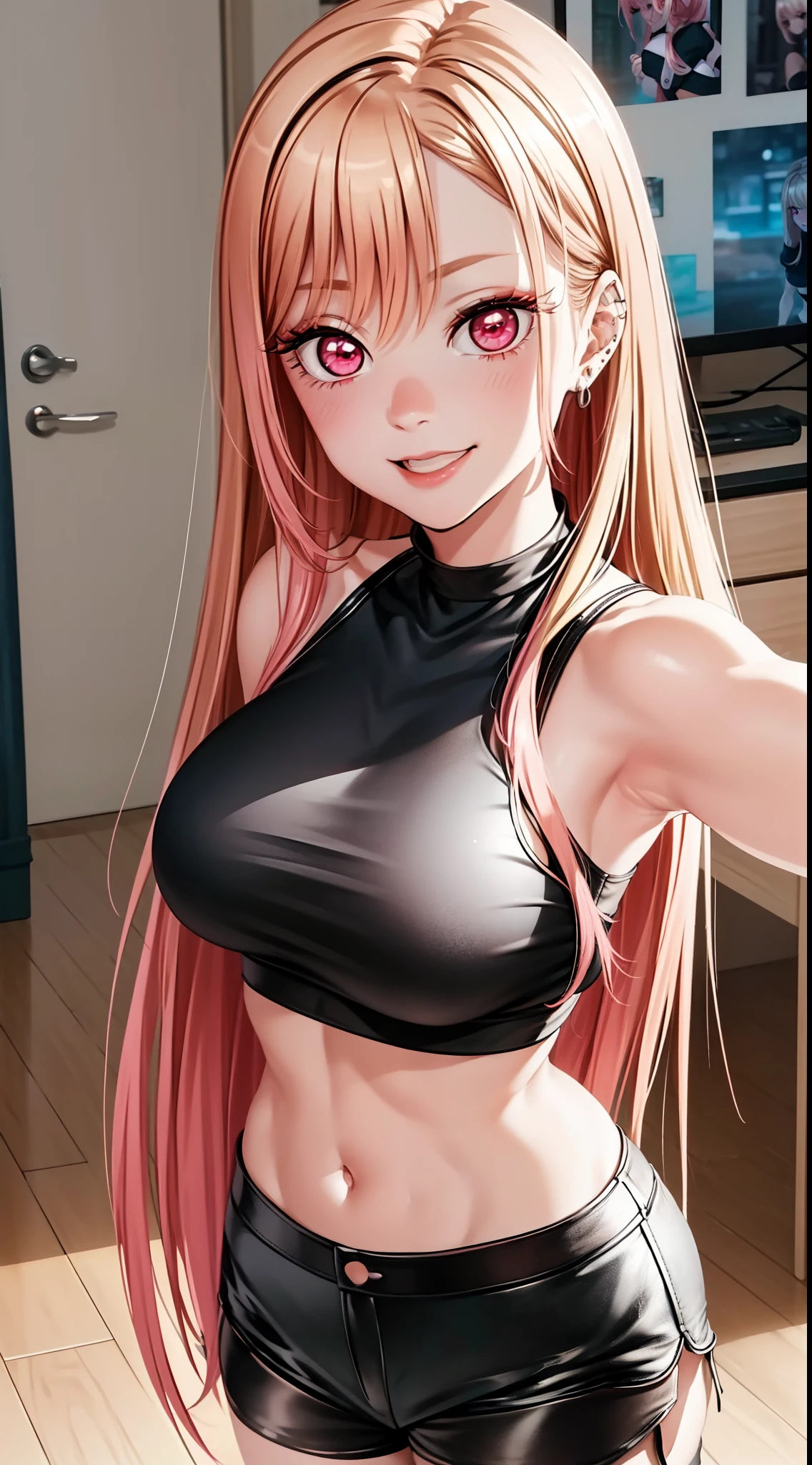 8k, highres, ultra detailed, (masterpiece:1.4), best quality, symmetrical body, (black croptop:1.4), (leather Black shorts:1.4), cute, solo, long hair, blonde hair with pink hair tips, red eyes, long lashes, glow effect, finely eye, wide smile, detailed face, looking at viewer, smilling at viewer, bedroom, angled view, big breasts