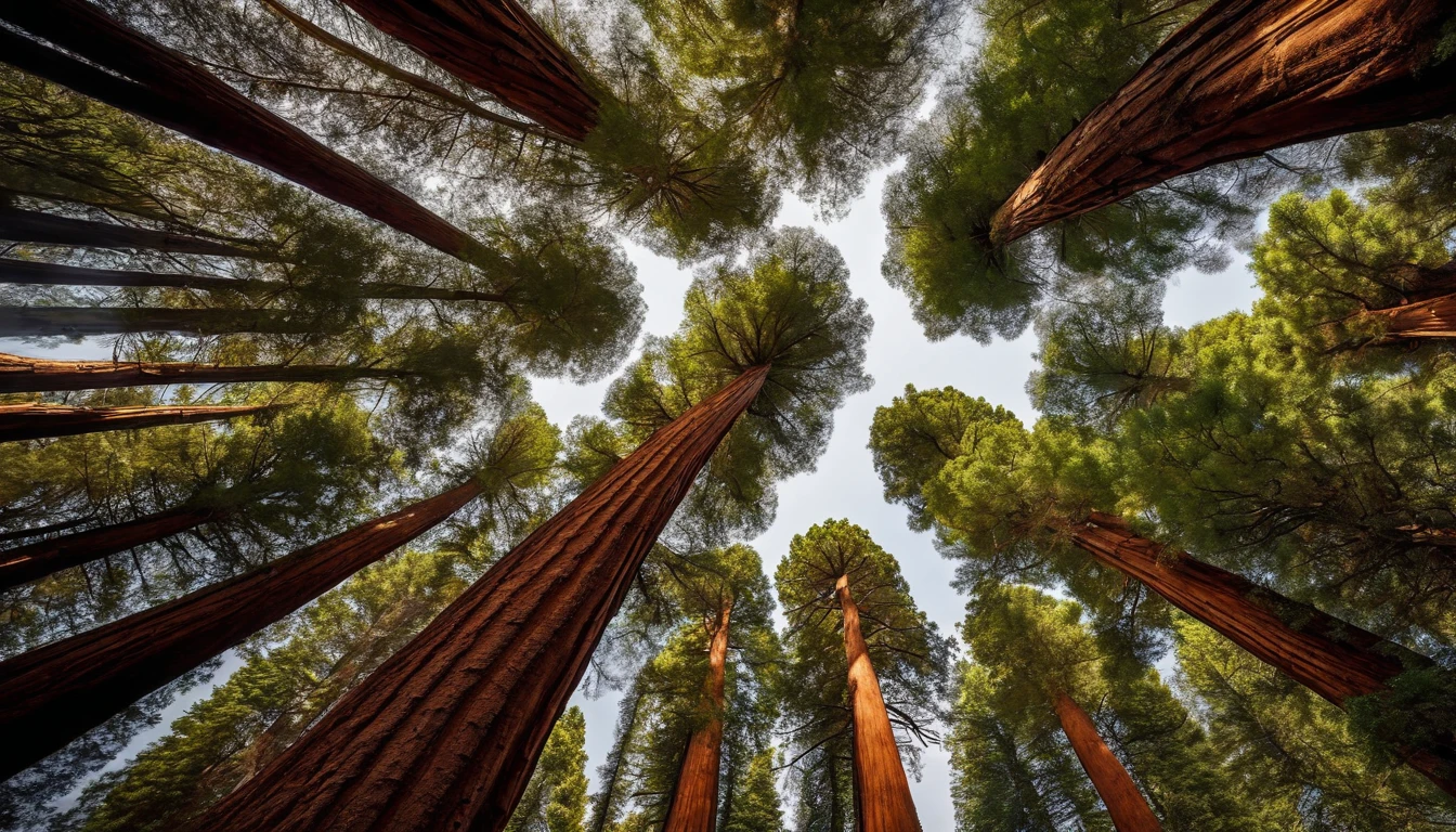 Sequoia Forest, Looking up at the trees, (Photorealsitic:1.4), top-quality, ​masterpiece, ultra-detailliert, Raw photo, natural soft light