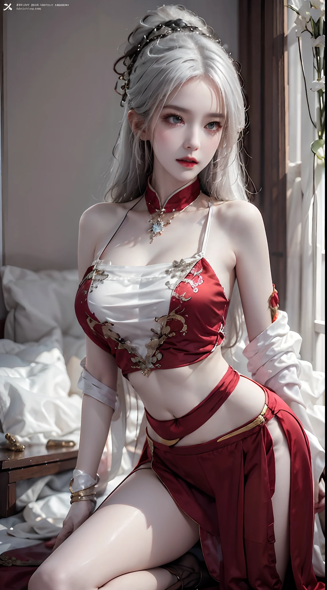 photorealistic, high resolution, soft lights, 1women, solo, hips up, red eyes, white hair, long hair, detailed eyes, blue eyes, solo, chinese traditional clothing, red wedding hanfu, realistic, makeup