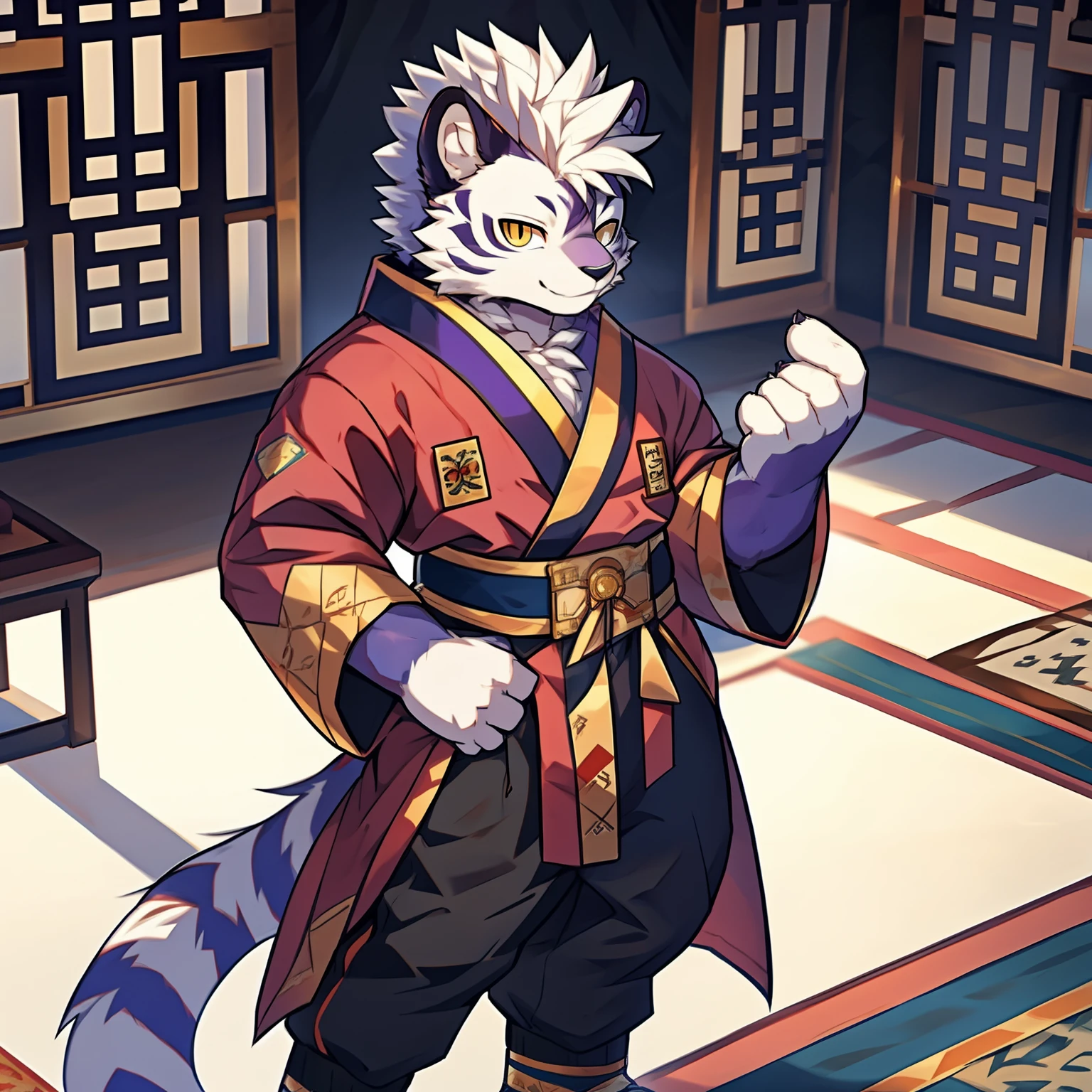 Best quality, Young, 15 year old, Furry, Solo, Male Tiger: 1.5, Purple colored skin:1.3, Purple fur:1.3, Yellow eyes, Muscular body, Wearing Korean robe, Standing in the royal palace of Korean, Mohawk hair, Detailed fur, Detailed cloths, Furry animal ears, Humanoid hand, Wearing Korean style pants.