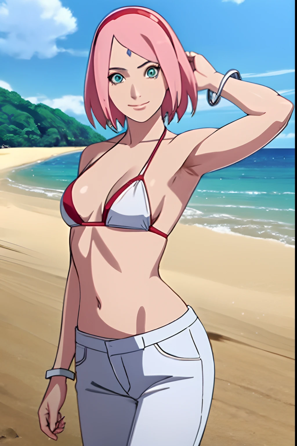 masterpiece, 4k, portrait, cowboy shot, professional artwork, detailed beach background, intricate details, colorful, digital blending, (ultra detailed body, ultra detail hair, ultra detail face), trending on pixiv, kind smile, best quality, anime style: 1.9, 1girl, hires, haruno sakura, (forehead mark, milf, red hairband, pale skin, small breasts, short hair, ((bare neck, white(micro) bikini top, (bikini top only)), white pants), (navel, belly button, slender body, slender belly, bracelet, pink hair, closed mouth, big eyes), smile, beach, wind, floating hair, detailed arms, off-shoulders, broad shoulders, (slightly muscular arms, slightly strong biceps), (dirty armpits, armpit pocket), standing)