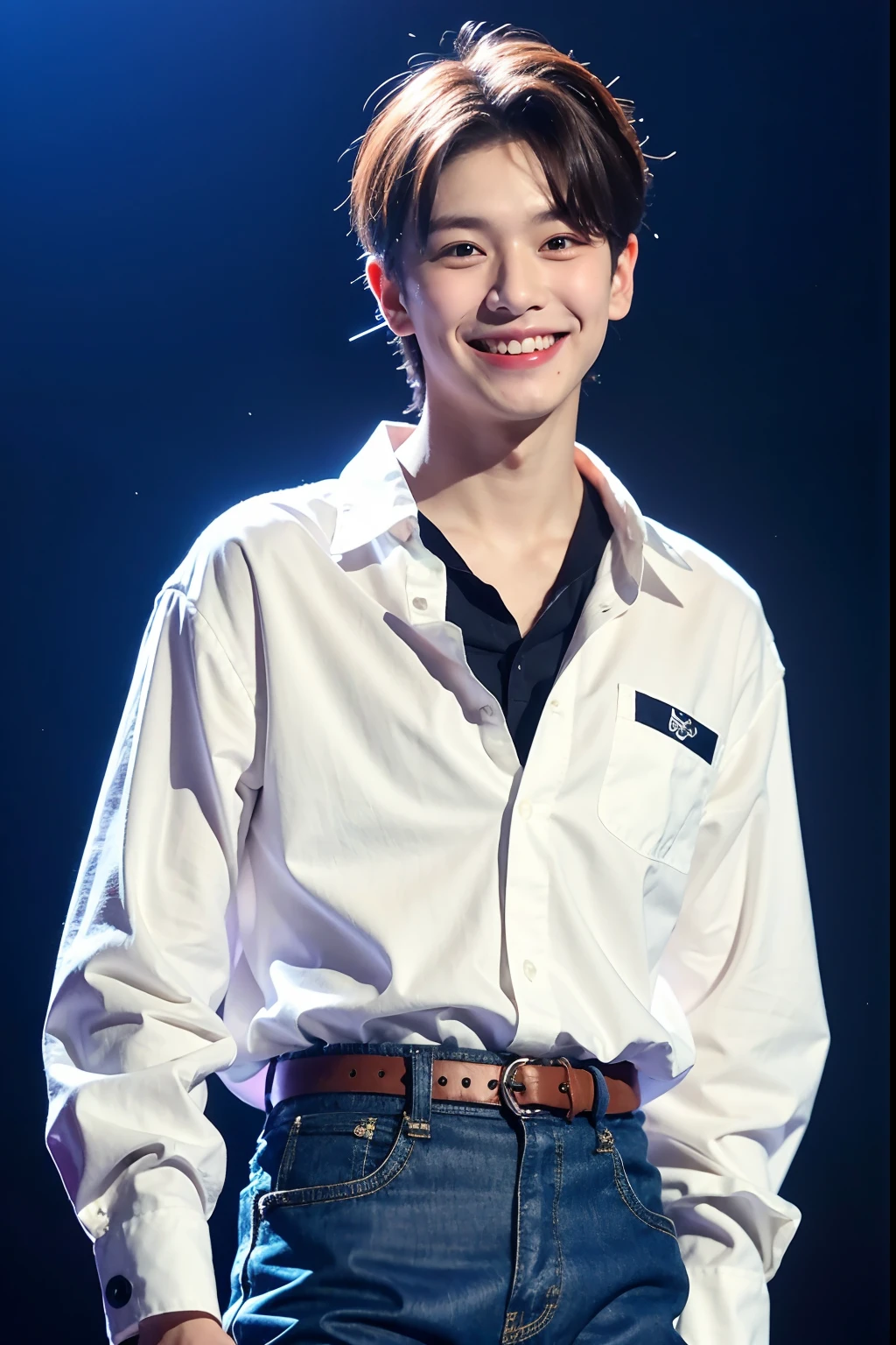 Top quality, one beautiful boy, 20 years old, smiling, looking at viewer, wearing white shirts, 35mm lens, f/1, cowboy shot, (white background: 1.3), flat chest, on stage