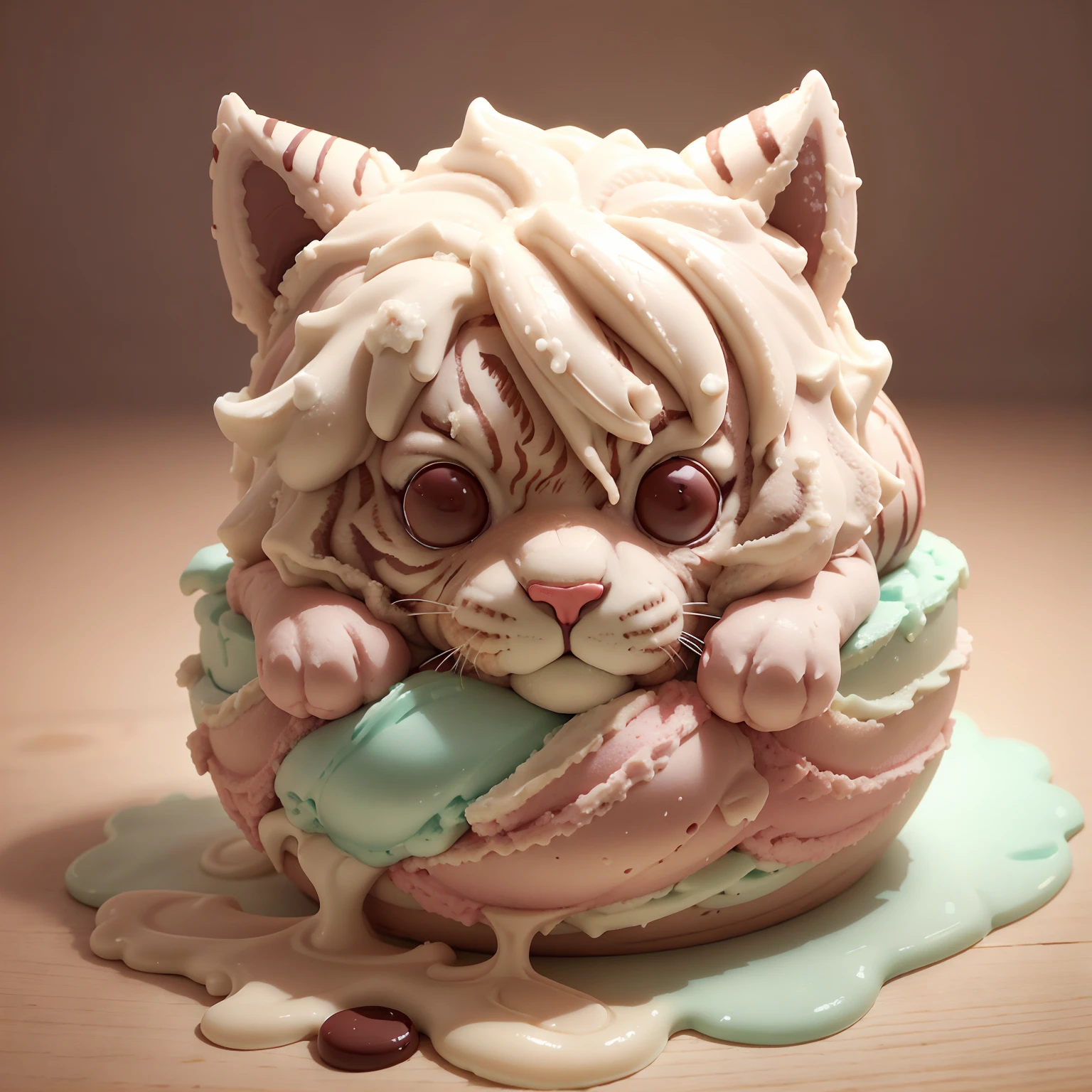 Cute little tiger lying on ice cream，Eyes made of dark chocolate，Look innocently at the camera，Made with ice cream，Clay figure modeling，blindbox，（adolable），tmasterpiece，Best quality at best，