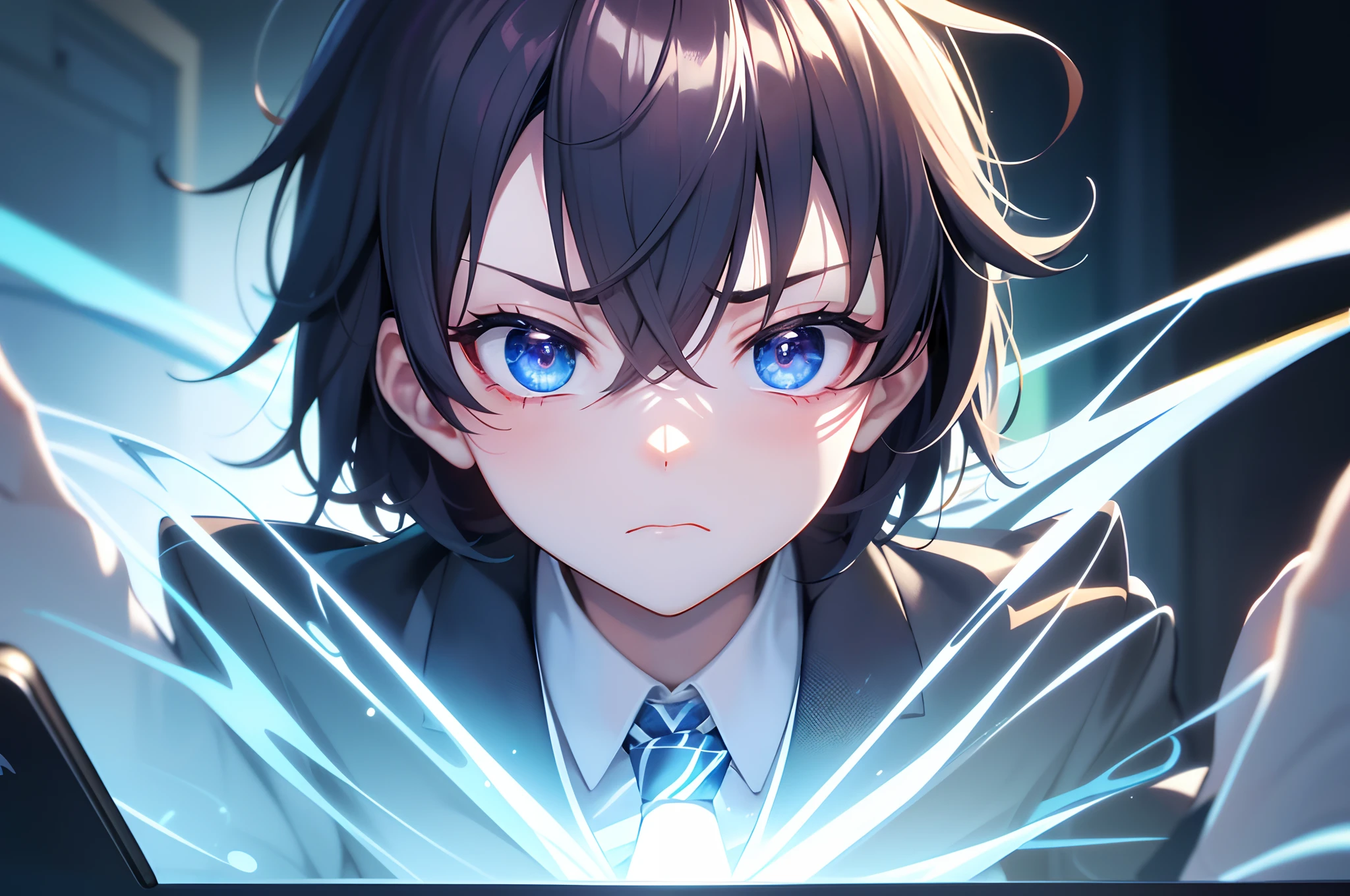 a junior school boy, cute and Q, crazily coding in computer, technology attribute, dilated pupils, frown, anime style, cinematic lighting, ray tracing, (from side), (close-up), masterpiece, best quality, highres, textured skin, anatomically correct, UHD, 1080P, HD