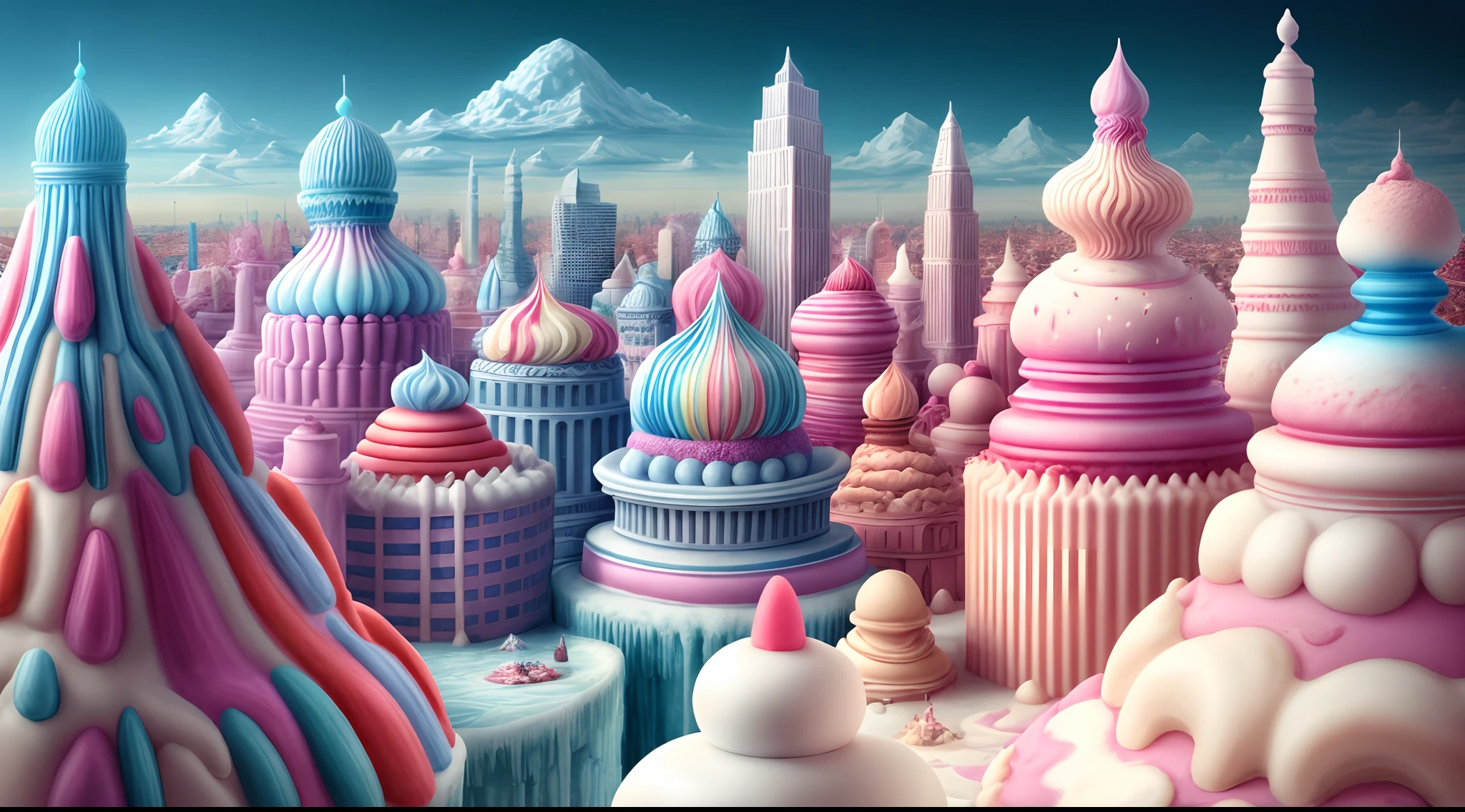 A city made of ice creams, various Ice cream flavours