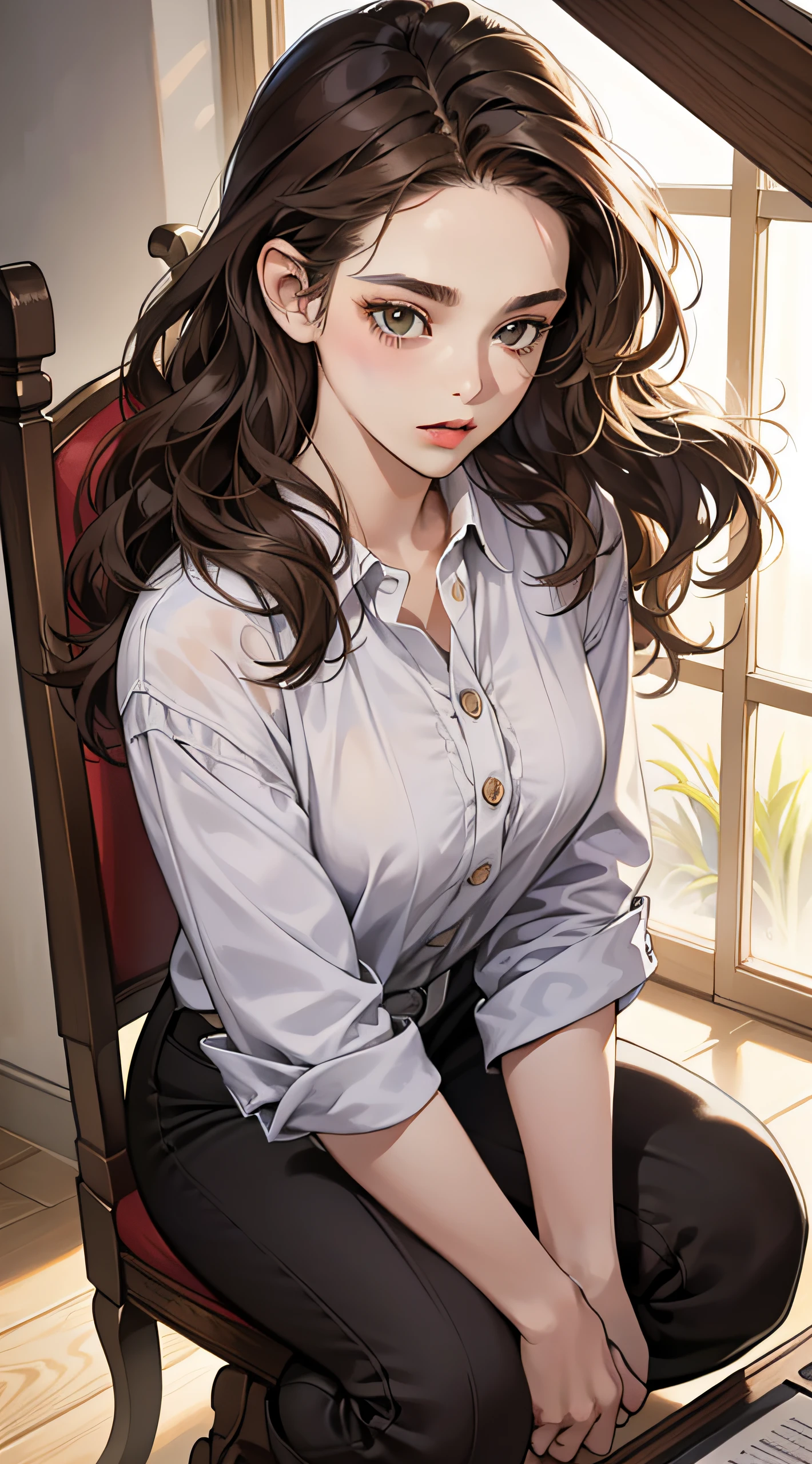 Masterpiece, best quality, realistic, 1woman, quiet, calm and pretty young woman, 23 years old, ((close mouth)), extremely detailed, full body ((dark brown eyes)), ((wavy with bang brunette hair)), with gun, acurate, 4K