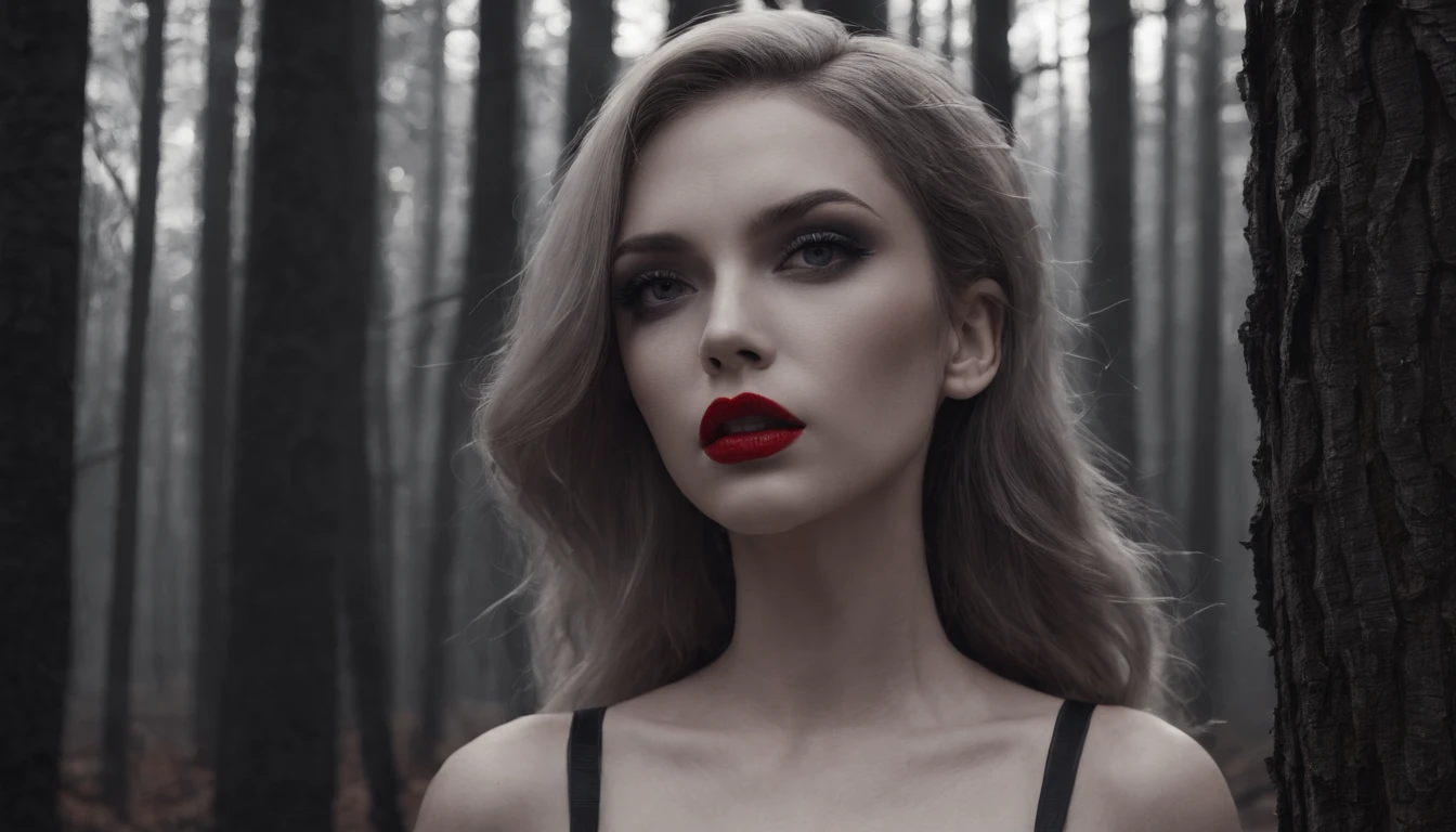 beautiful woman, fashion model, wearing provocative, sexy, beautiful, detailed fashion design clothes, looking at the sky, inside a dark forest, with burned trees all over hair, and volumetric light coming from behind, perfect face and body, gloomy scary atmosphere, fog in the ground, dark style, hyper-realistic, 8K, black and white image with only colored red lips