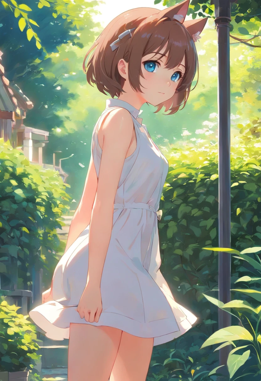 masterpiece, best quality, winter, snow field, yinlang, xier,1girl, seele vollerei, dress, looking at viewer, bangs, cloudy sky, blue eyes, hair ornament, holding, short hair, bare shoulders, outdoors, closed mouth, blue hair, weapon, holding weapon, white dress, smile, barefoot, hair between eyes, sleeveless dress, solo, sky, sun, mountain, forest, lake,