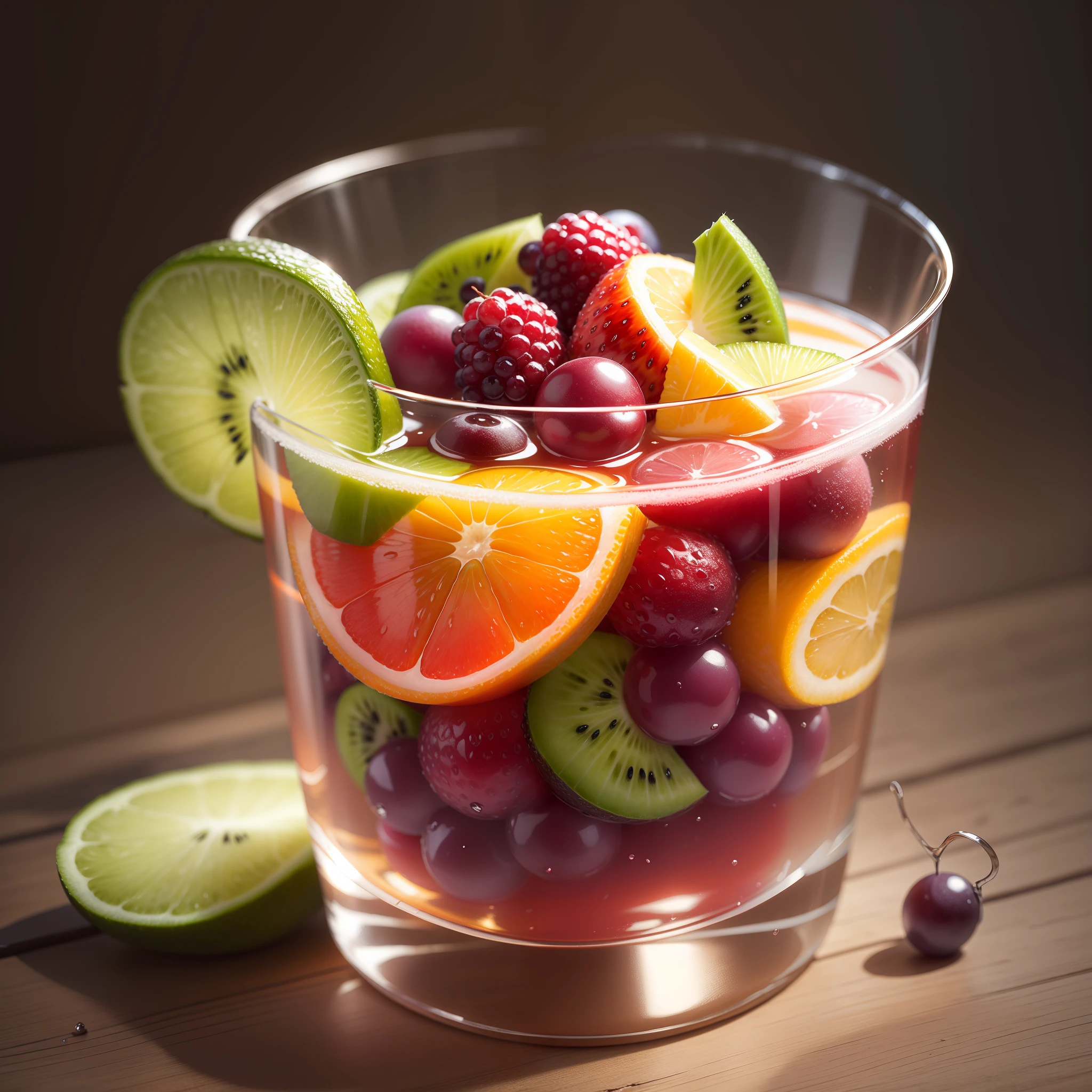 tmasterpiece,Fruit and ice cubes in clear glass,morango,grapes,kiwi fruit,Berry,pineapples,(ice cubes),(Hyper-realistic:1.3)