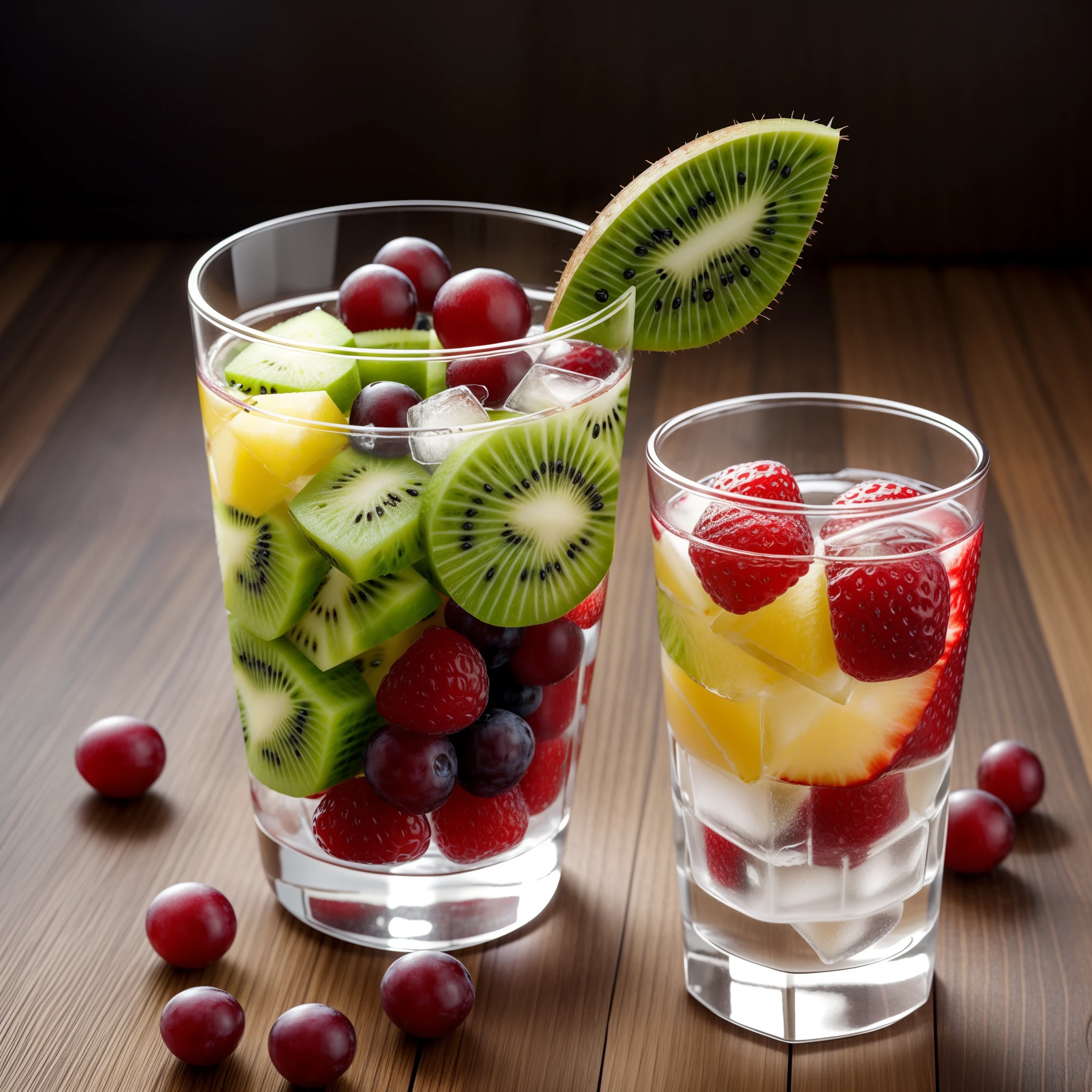 tmasterpiece，Fruit and ice cubes in clear glass，morango，grapes，kiwi fruit，Berry，pineapples，（ice cubes），（Hyper-realistic:1.3）