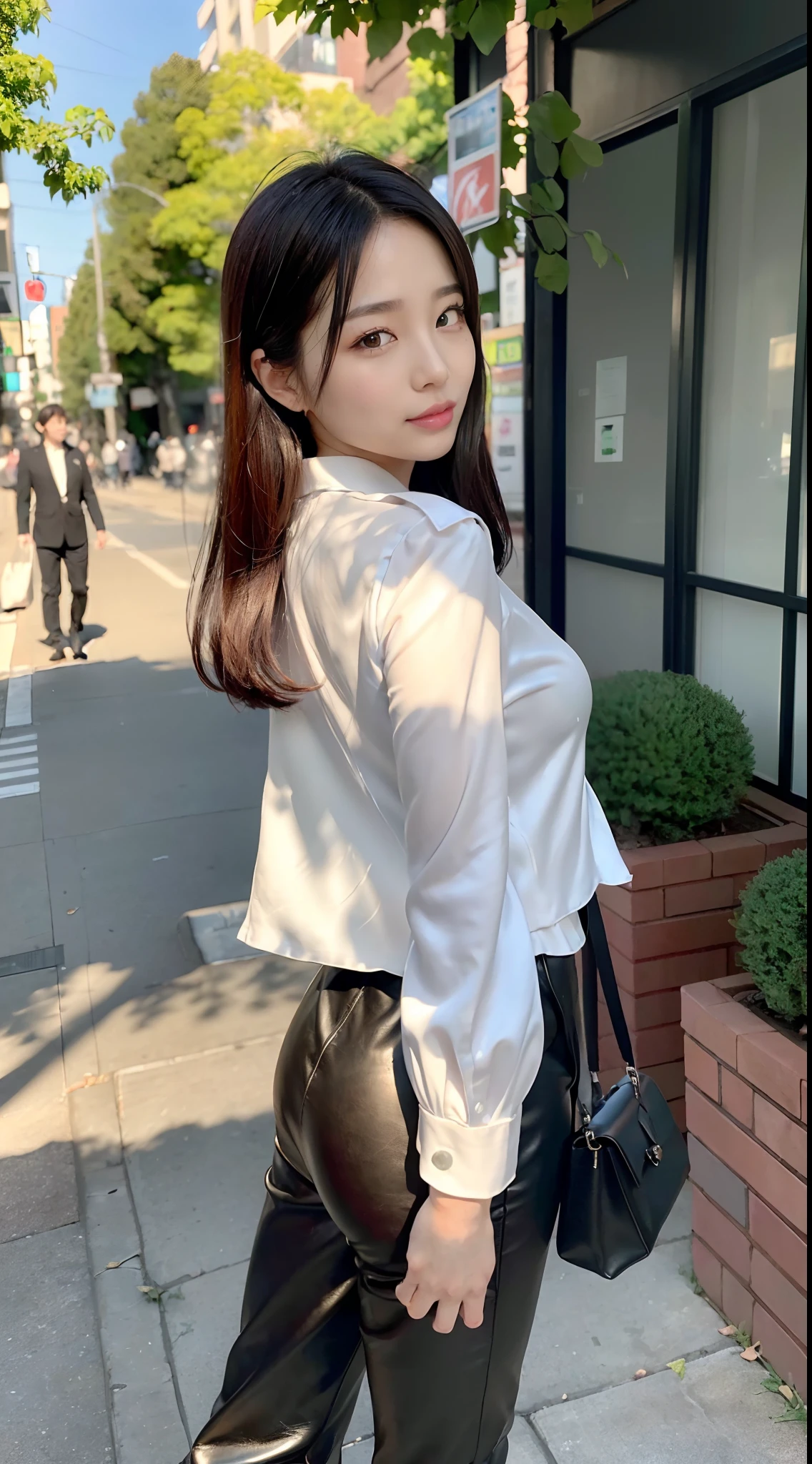 mix4, (16 K, Raw photography, Top image quality, ​masterpiece: 1.45), (realisitic, Photorealsitic: 1.37), one girls, 7．5, etc，cute little, A city scape,, profetional lighting, photon maping, Downtown Shibuya, physically-based renderingt, Gradient black hair,, a handsome, Well-groomed and beautiful eyes、二重まぶた、girl with, (((Gray suit of non-shiny fabric、Non-shiny satin pants are visible.、jaket))), Top Quality Photos, hight resolution, 1080p, (clearface), (Detailed face description), (Detailed hand description), (​masterpiece), (Exquisite CG)、extreme light and shadows、dishevled hair、master work、abundant detail、(Fine facial features)、(top quality photo)、(masuter piece)、(A detailed eye)、Look in front of you、Fine clavicle、((Slender big))、((Silk White Blouse)))、((Sexy Idol System))、((Gingko tree-lined shopping street))、(Shooting from random perspectives)、(((Anyway cute)))、耳Nipple Ring、A big smile、Drawing the whole body from the knees、Do not draw nasolabial folds、(((Leather bag)))、Big breasts that hang down big、Big buttocks with tension、Two legs、(((from the front side:1.3)))、bare hand、Blouse buttons expose cleavage without stopping、