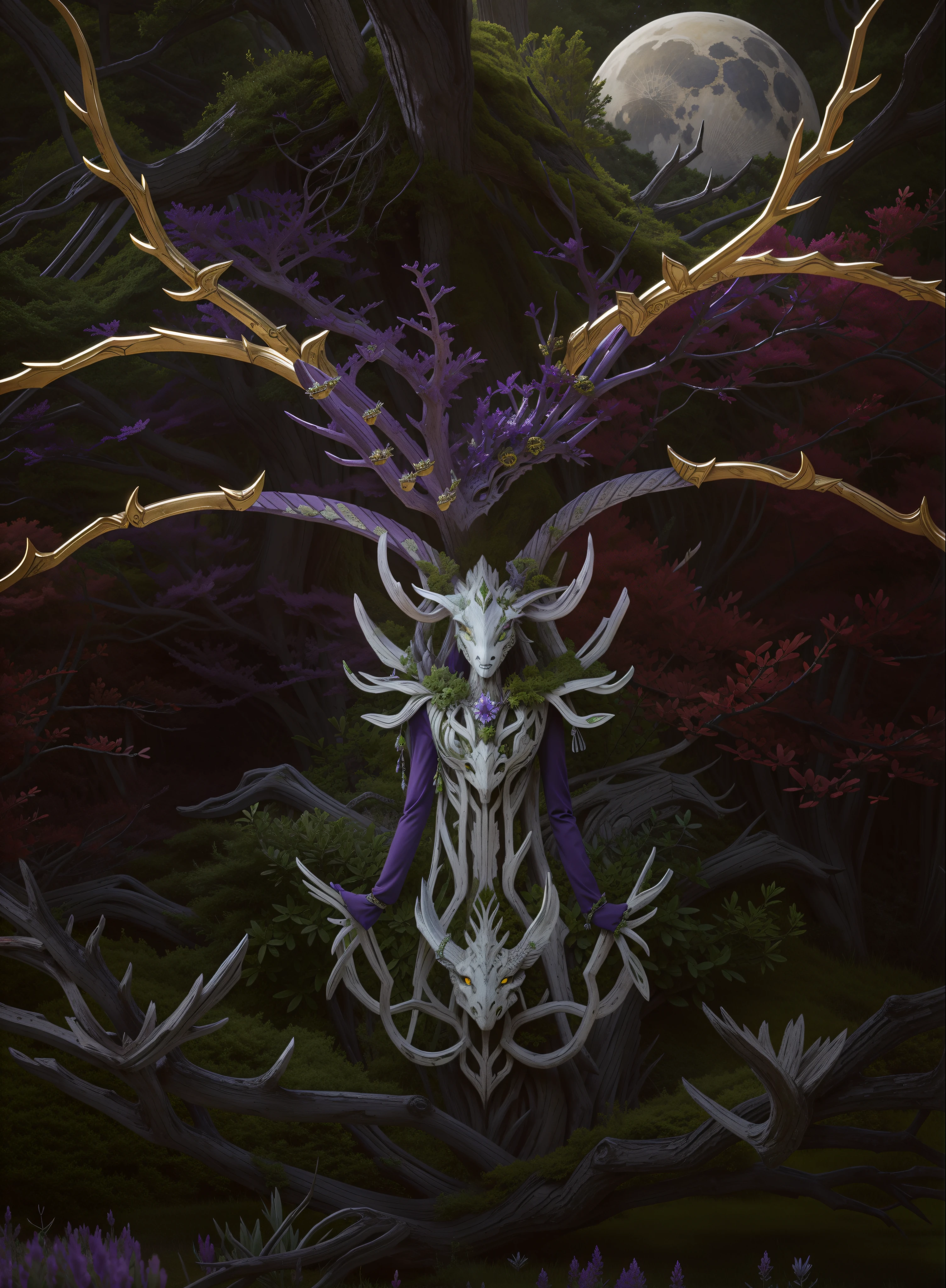 There is a very strange creature,There are horns and horns, ent treant dryad, ancient antler deity, purple ancient antler deity, treant, top down shot, mantis head monster god temple, top down extraterrestial view, The plains escaped the torment, top down shot, detailed maw, nipple play, zerg, Protoss, tree druid