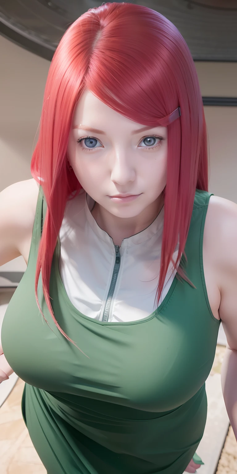 Kushina uzumaki. A woman was in a room. Looks like she's wearing a green dress. With her tracted breasts it looks round and big. She had red hair that popped straight off the leash. With a clamp at the end of his right forehead. He also had a white as snow. With rosy cheeks and tiny pink lips. He was looking into the camera. Looking so pretty and realistic