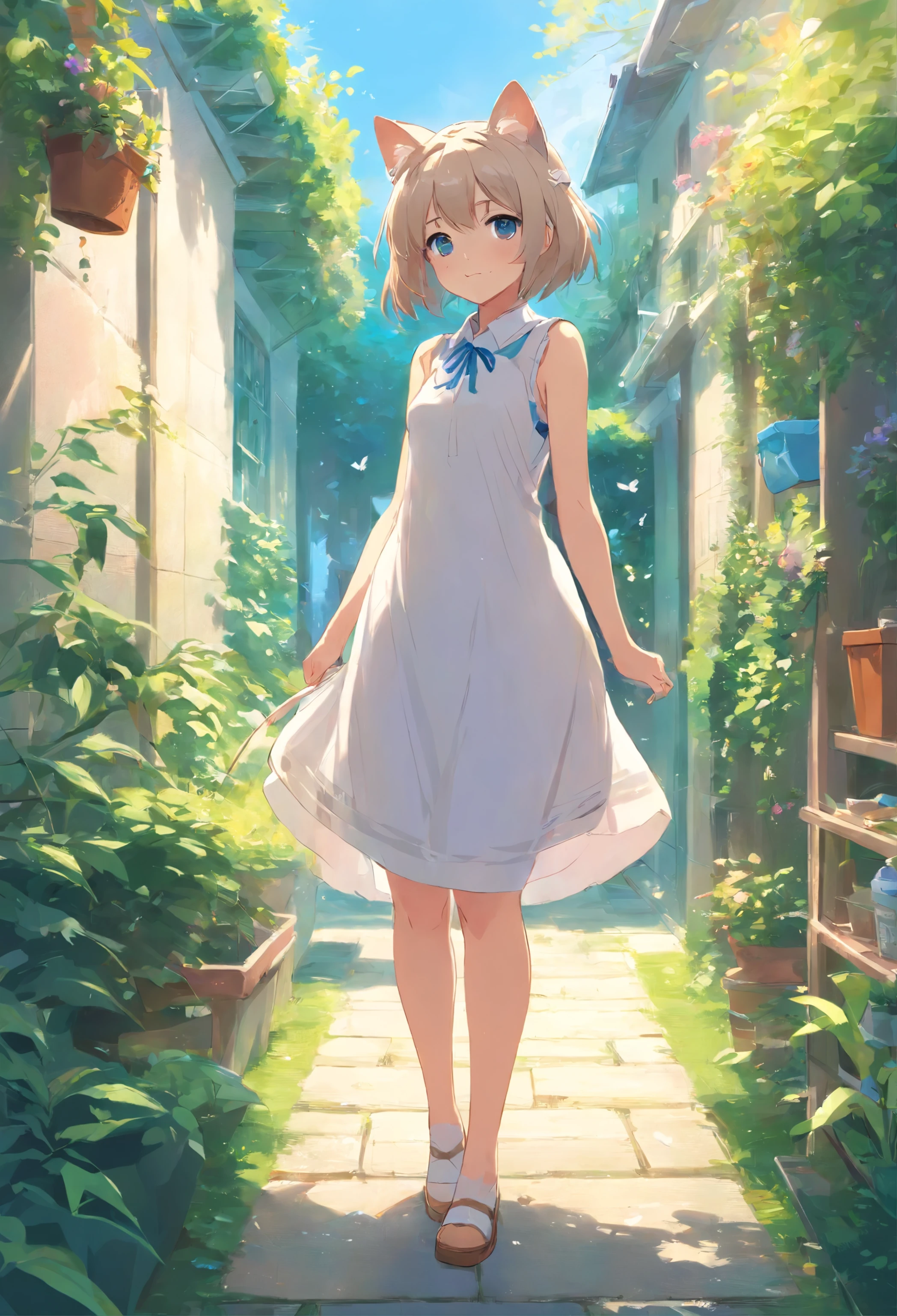 Cat-eared girl in white dress standing in garden, BREAK,silber hair,blue eyes,(((Sleeveless))),Hang the laundry to dry,Holding a laundry basket with clothes, in dress, small curvy lolitwork in the style of guweiz, guweiz on pixiv artstation, guweiz on artstation pixiv, guweiz, small loli giroft anime illustration, Anime visuals of cute girls, Detailed Digital Anime Art