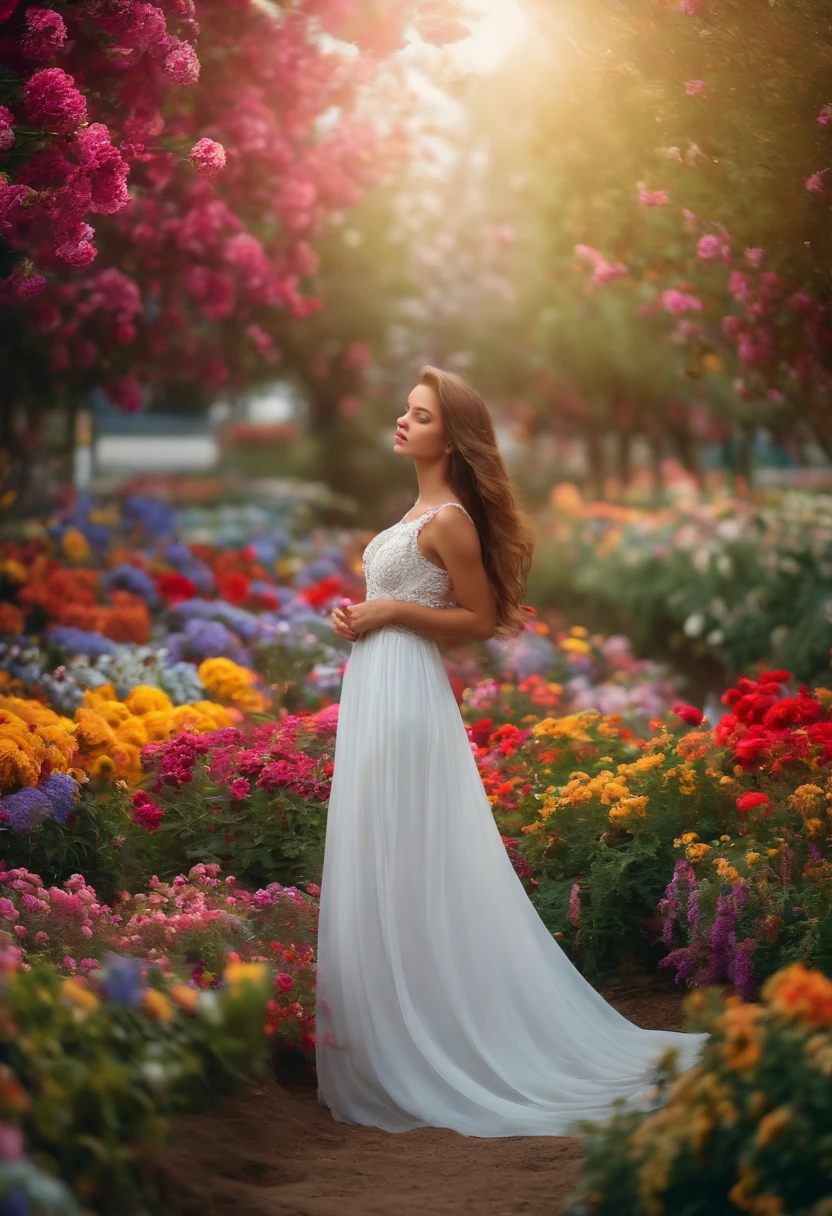 Beautiful girl, Stand with your hands dangling, long hair flowing with the wind, In the middle of colorful flower beds, White dress