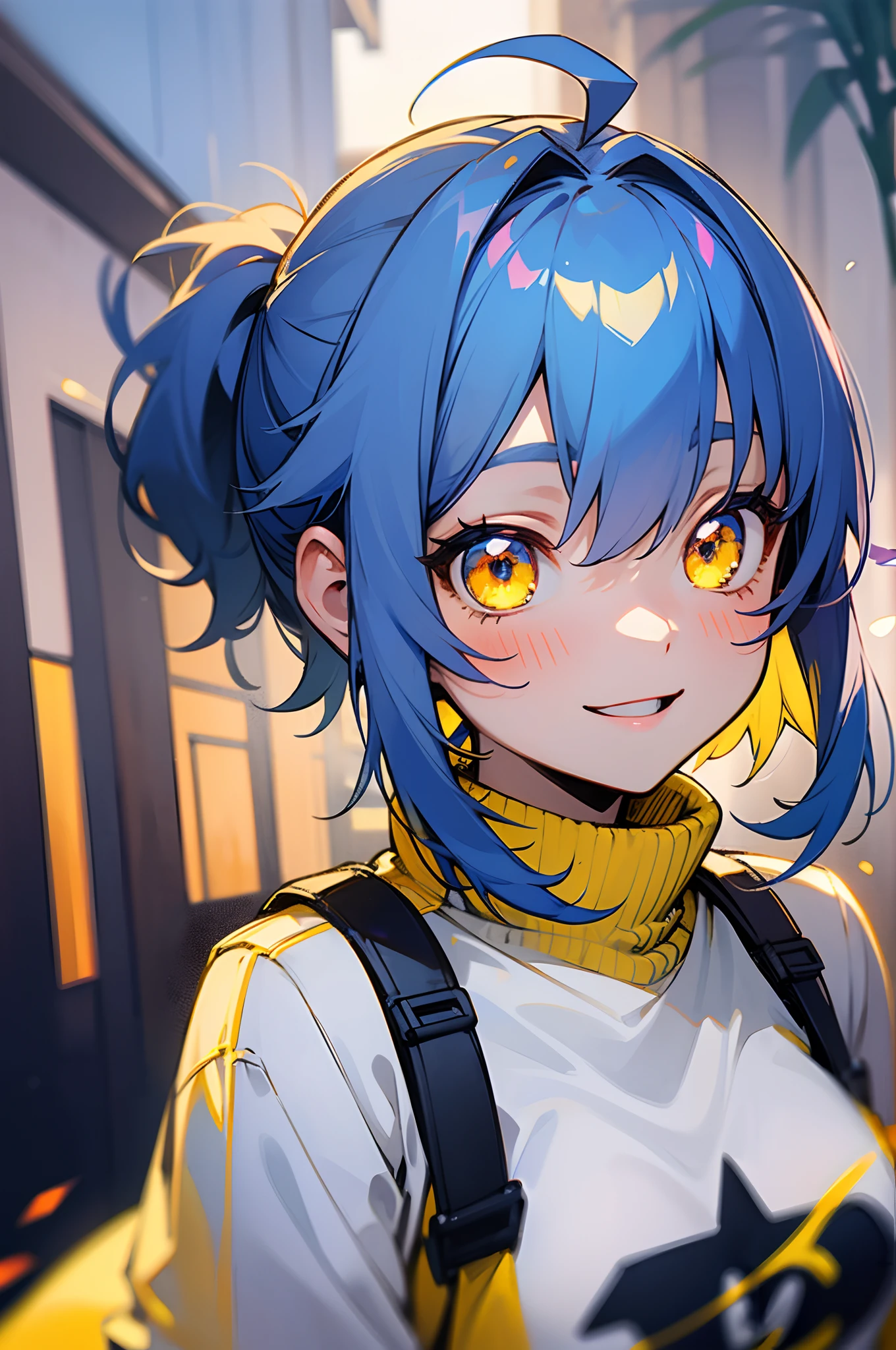 1girl in、Niko-chan、a 18 year old girl、middle size breasts、Blue hair、Pony tail、glowing yellow eyes、Bangs between the eyes、Ahoge、Turtleneck T-Shirt、shortpants、Cheerful smile、Stand in front of a street tree、facial close-up