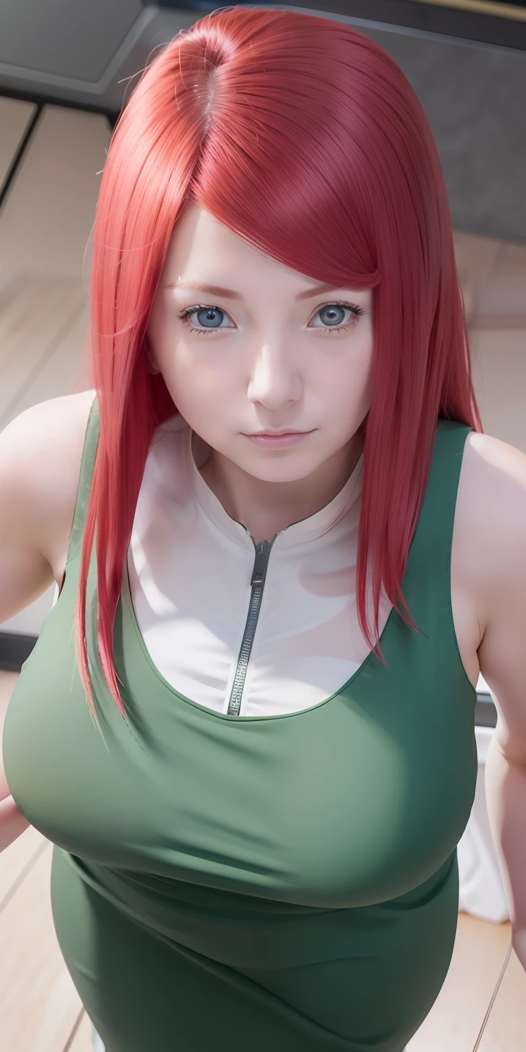 Kushina uzumaki. A woman was in a room. Looks like she's wearing a green dress. With her tracted breasts it looks round and big. She had red hair that popped straight off the leash. With a clamp at the end of his right forehead. He also had a white as snow. With rosy cheeks and tiny pink lips. He was looking into the camera. Looking so pretty and realistic