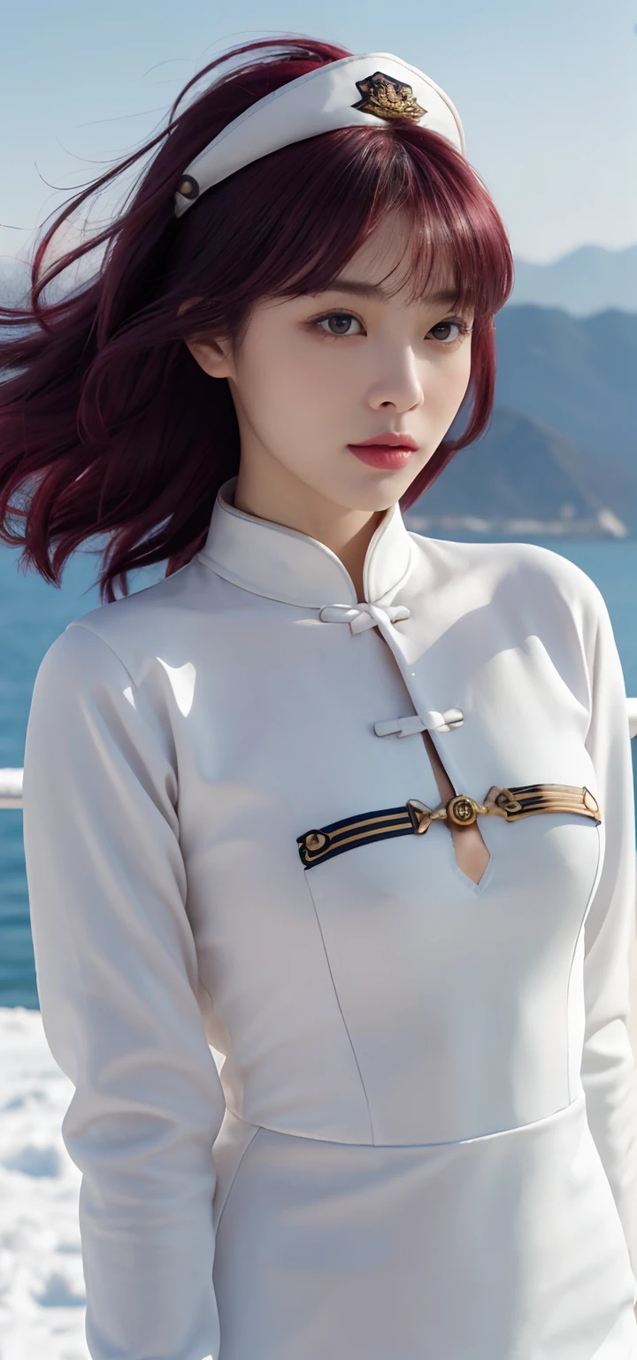 (top-quality、8K、masterpiece:1.3)、1girl in、独奏、Beautiful Korean Girl、(Maroon hair:1.4)、close up of face, Ultra-fine face,femele, china style, Ancient wind,, stand up, short detailed hair, Delicate clothing patterns, ellegance, opulent, ellegance, , Hairline, oblique bangs, shairband, hair adornments,glitters, cinmatic lighting, hyper HD, hight resolution, best qualtiy, 8K, high detal, high quarity, super detailing, anatomy correct, tmasterpiece, ccurate,Landscape painting,Bigchest,big breasts thin waist,long legged,bared chest,army,miltary,Chinese Navy(Background with:mare,battleship,Battleship formations,snow blowing)(Wearing:sailor's cap,a sailor suit)
