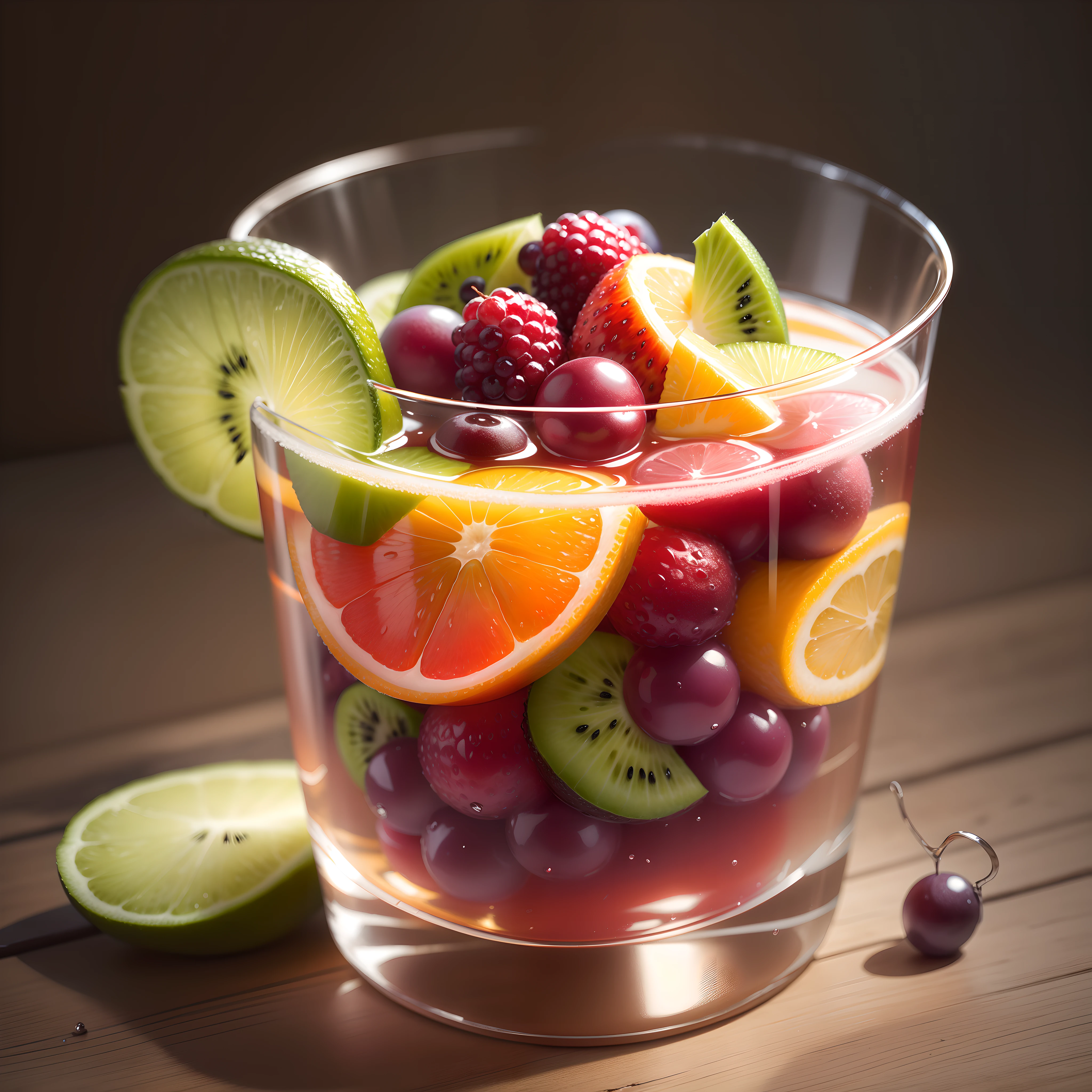 tmasterpiece，Fruit and ice cubes in clear glass，morango，grapes，kiwi fruit，Berry，pineapples，（ice cubes），（Hyper-realistic:1.3）