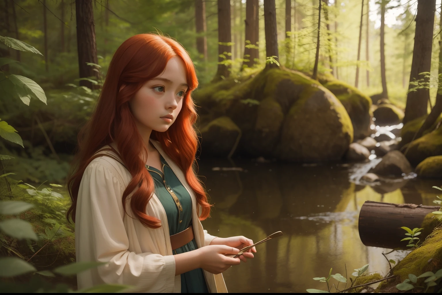 Year: 1974
Location: Kaneq, Alaska
Description:
Capture the pre-raphaelite essence of a -yeld giwith flowing red hair, frekles and wide hazel eyes, as she discovers a hidden treasure chest buried in the sunlit, untamed Alaskan wilderness, her sense of wonder and adventure palpable. Modern 1970s clothing.