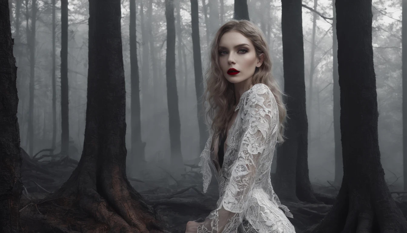 beautiful woman, fashion model, wearing provocative, sexy, beautiful, detailed fashion design clothes, looking at the sky, inside a dark forest, with burned trees all over hair, and volumetric light coming from behind, perfect face and body, gloomy scary atmosphere, fog in the ground, dark style, hyper-realistic, 8K, black and white image with only colored red lips, full body,