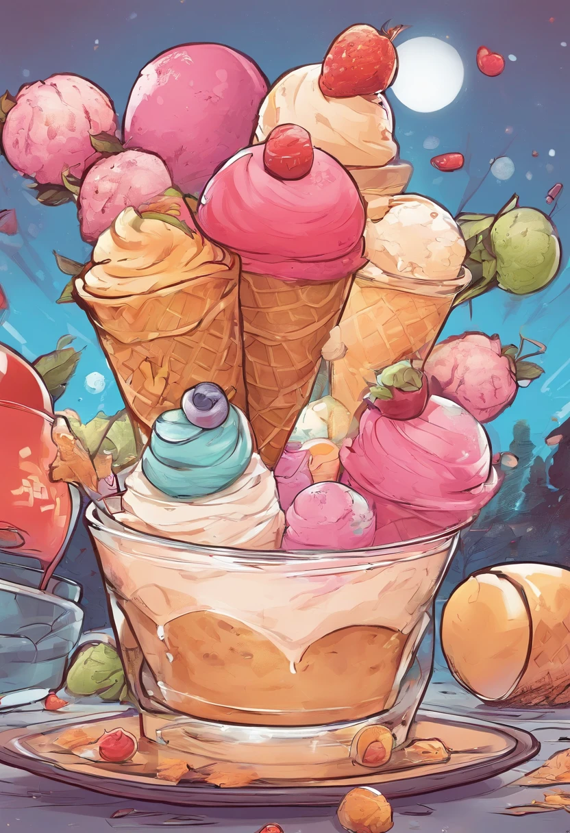 Anthropomorphic ice cream,Adventures,Manhwa Style,Storyboard,Masterpiece, ultraclear, extreme hight detail