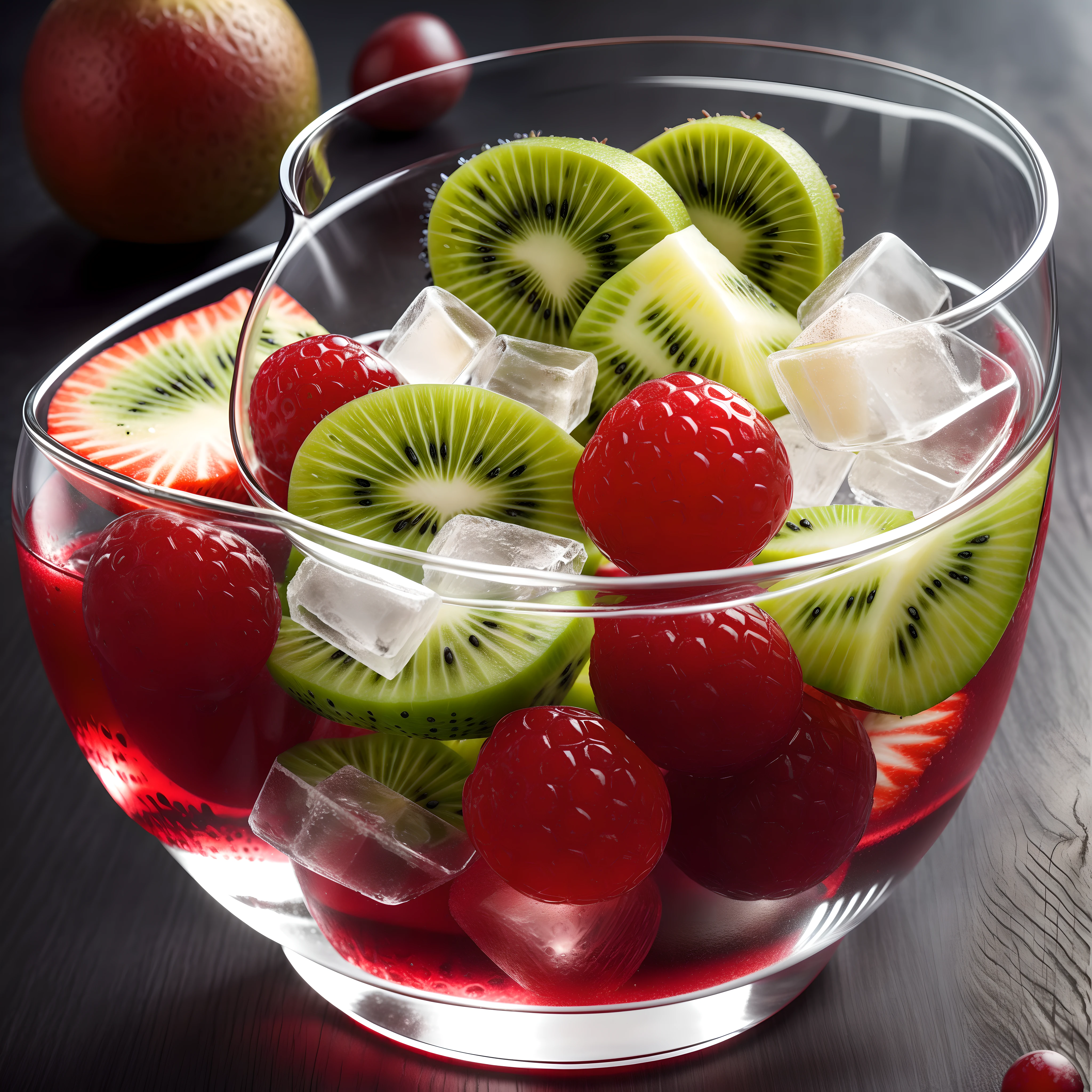 tmasterpiece,Fruit and ice cubes in clear glass,morango,grapes,kiwi fruit,Berry,pineapples,(ice cubes),(Hyper-realistic:1.3)