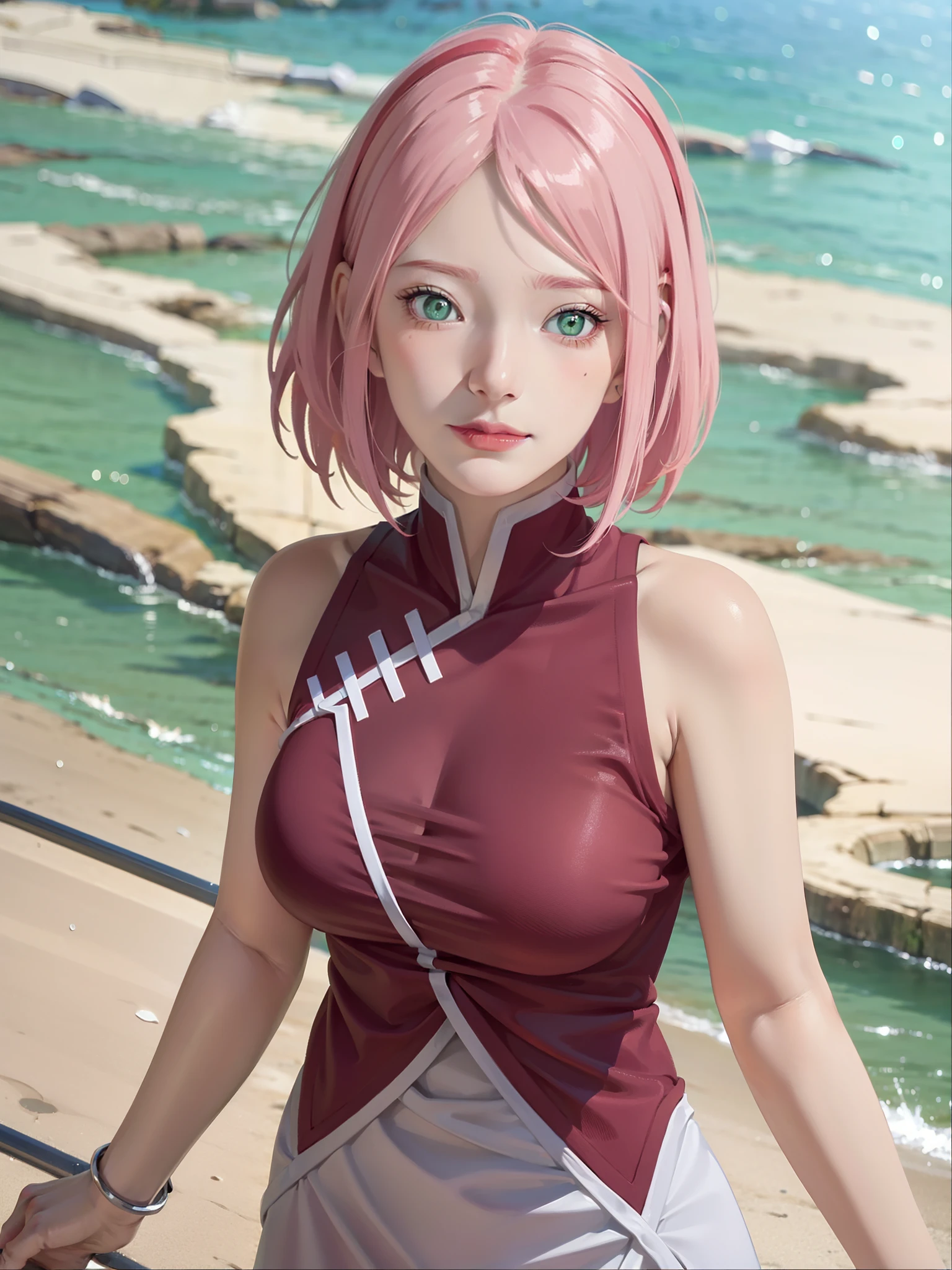1girl, yamanaka ino in anime naruto, long hair, yellow hair, green eyes, smile, beautiful, sexy dress, sexy clothes, purple clothes, very big breast, realistic clothes, detail clothes, outdoor background, ultra detail, realistic