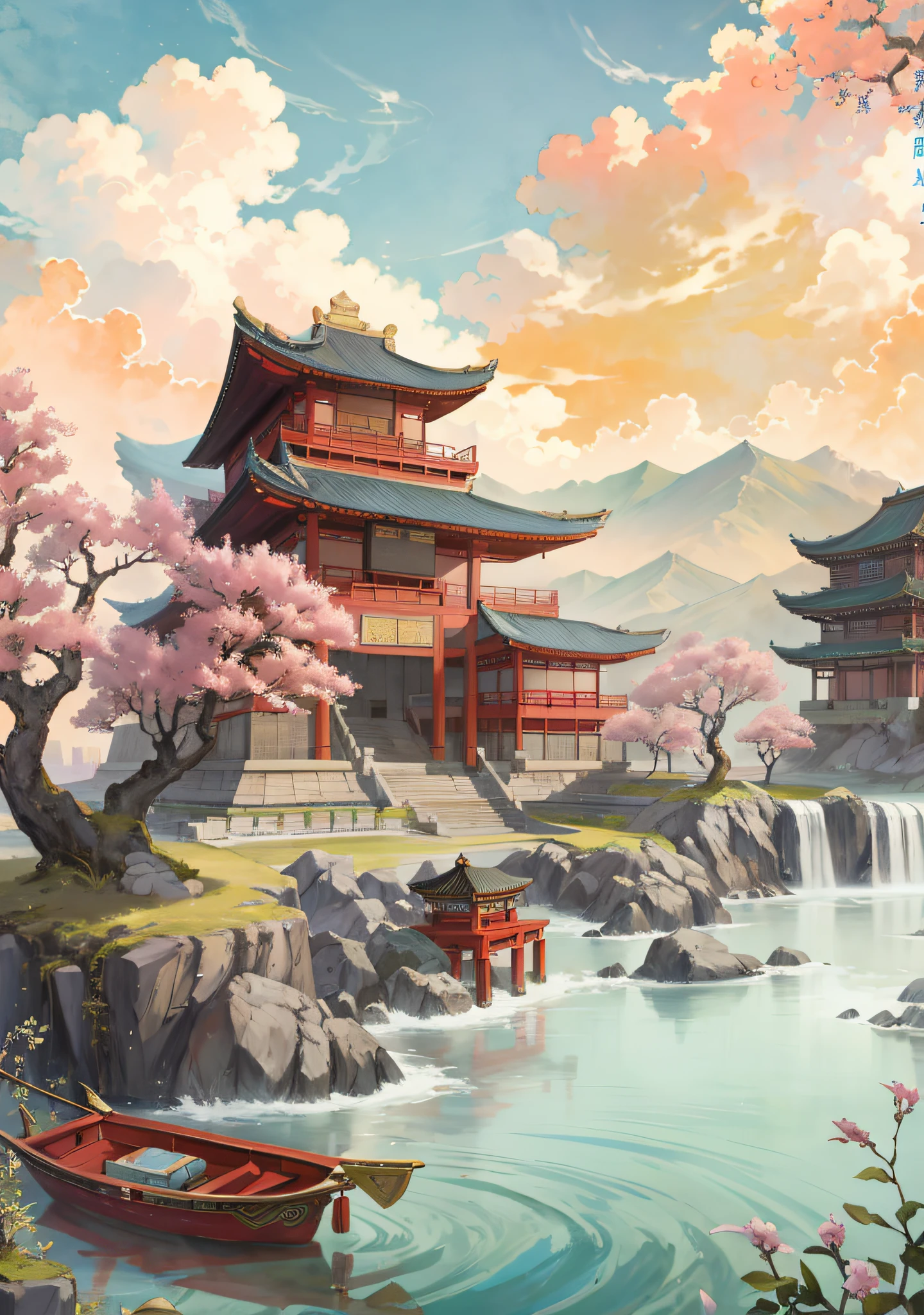 There is a painting of Chang'an ancient architecture，Fine architecture，There are some boats in the water, Dreamy sky and clouds，Far Mountain，Fantastic ancient Chinese architecture, There are pink trees around the building，8K high-definition，digital painting of a pagoda, A beautiful artwork illustration, Chinese watercolor style, author：Ryan Yee, cyberpunk chinese ancient castle, G Liulian art style, ross tran. scenery background, japanese town, Chinese landscape, Japanese art style, stunning art style, jen bartel