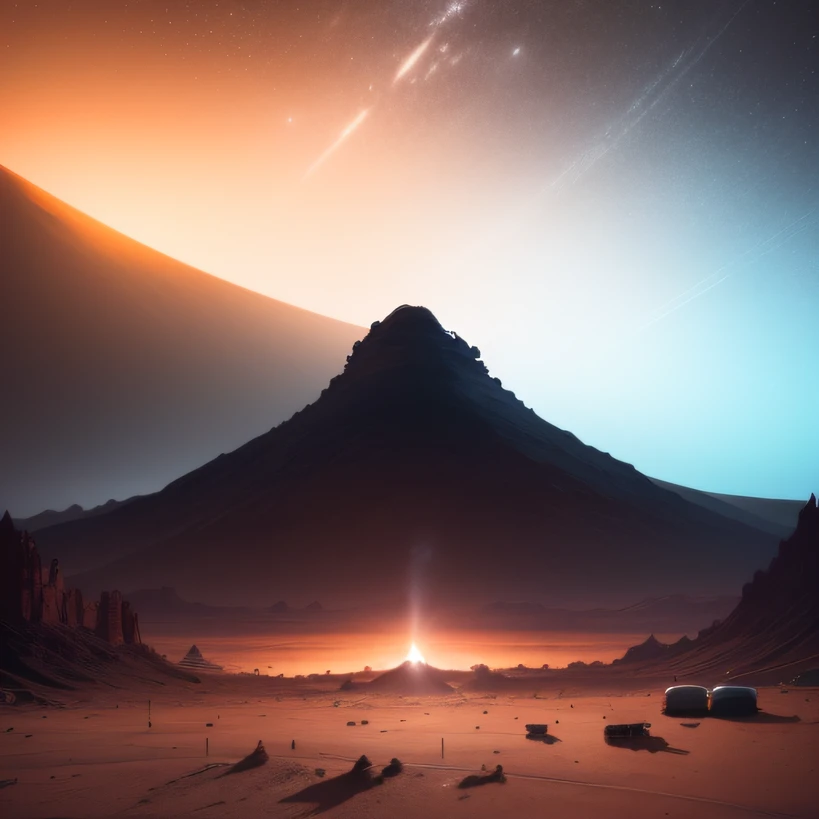 Alien base (Very detailed) In the mountainous desert，There are several exhaust fans and chimneys, Some spotlights come out of the base to illuminate dark places, (Extreme nights), Some clouds in the night sky, Some of the surrounding planets provide air to unknown planets，The farthest giant volcano is erupting